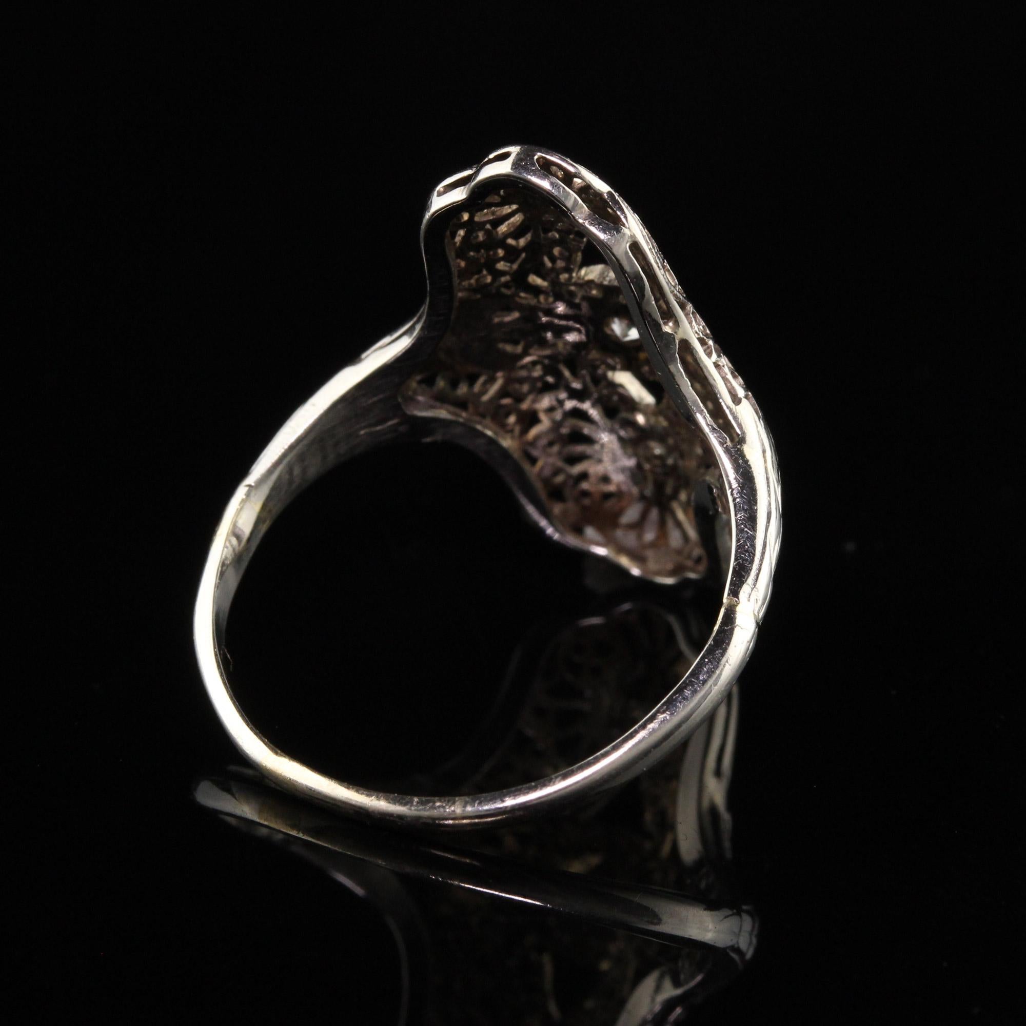 Women's Antique Art Deco 18K White Gold Diamond and Filigree Shield Ring