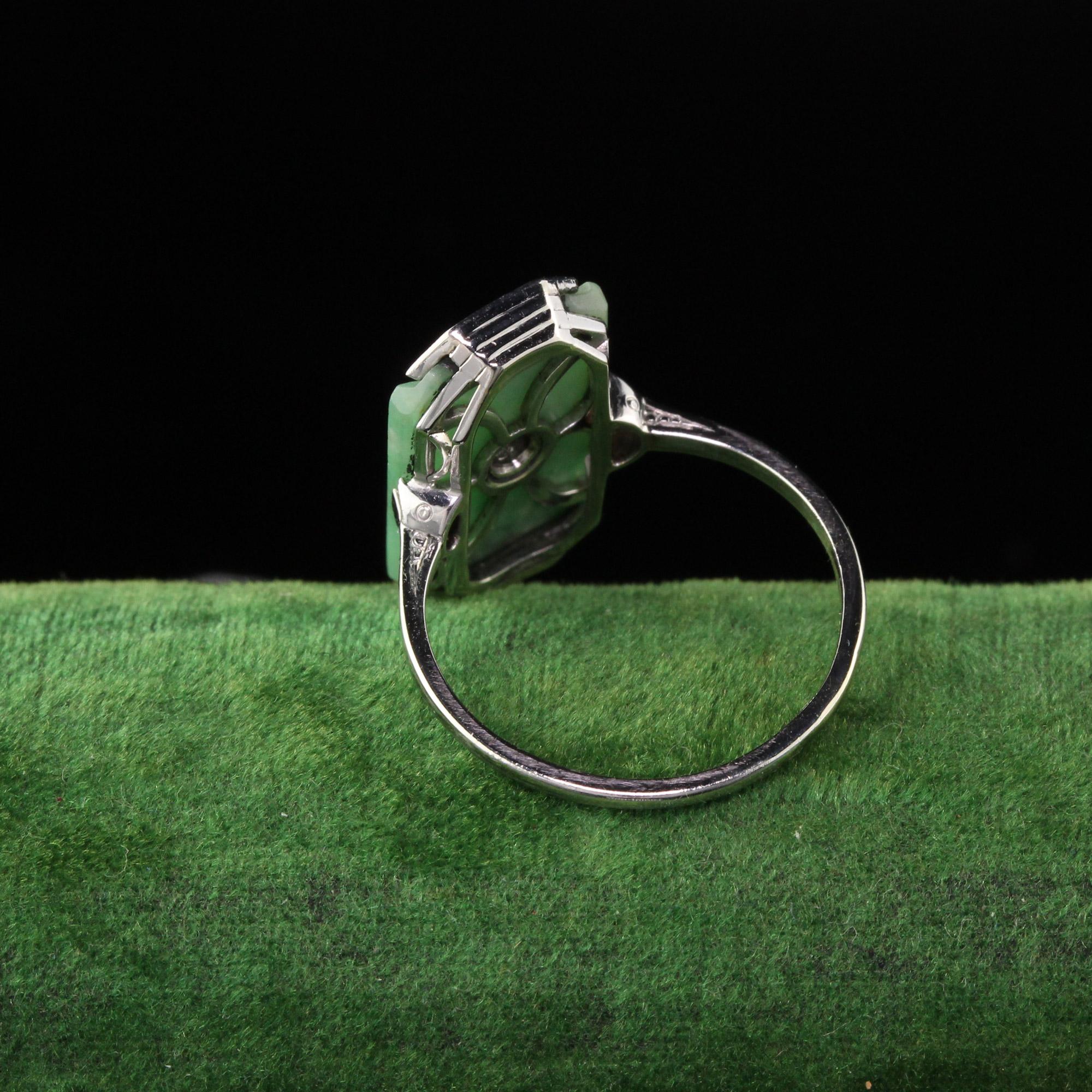 Antique Art Deco 18 Karat White Gold Diamond and Jade Shield Ring In Good Condition In Great Neck, NY