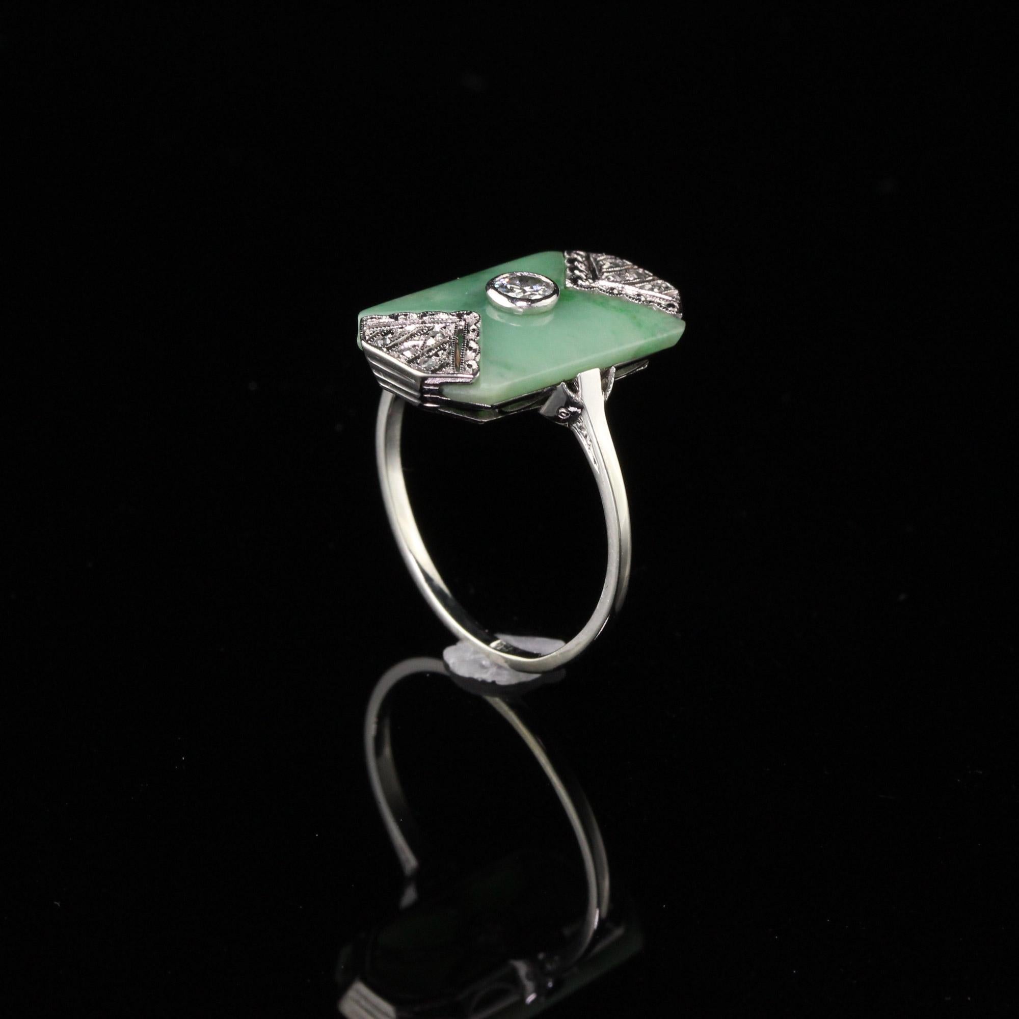 Women's Antique Art Deco 18 Karat White Gold Diamond and Jade Shield Ring