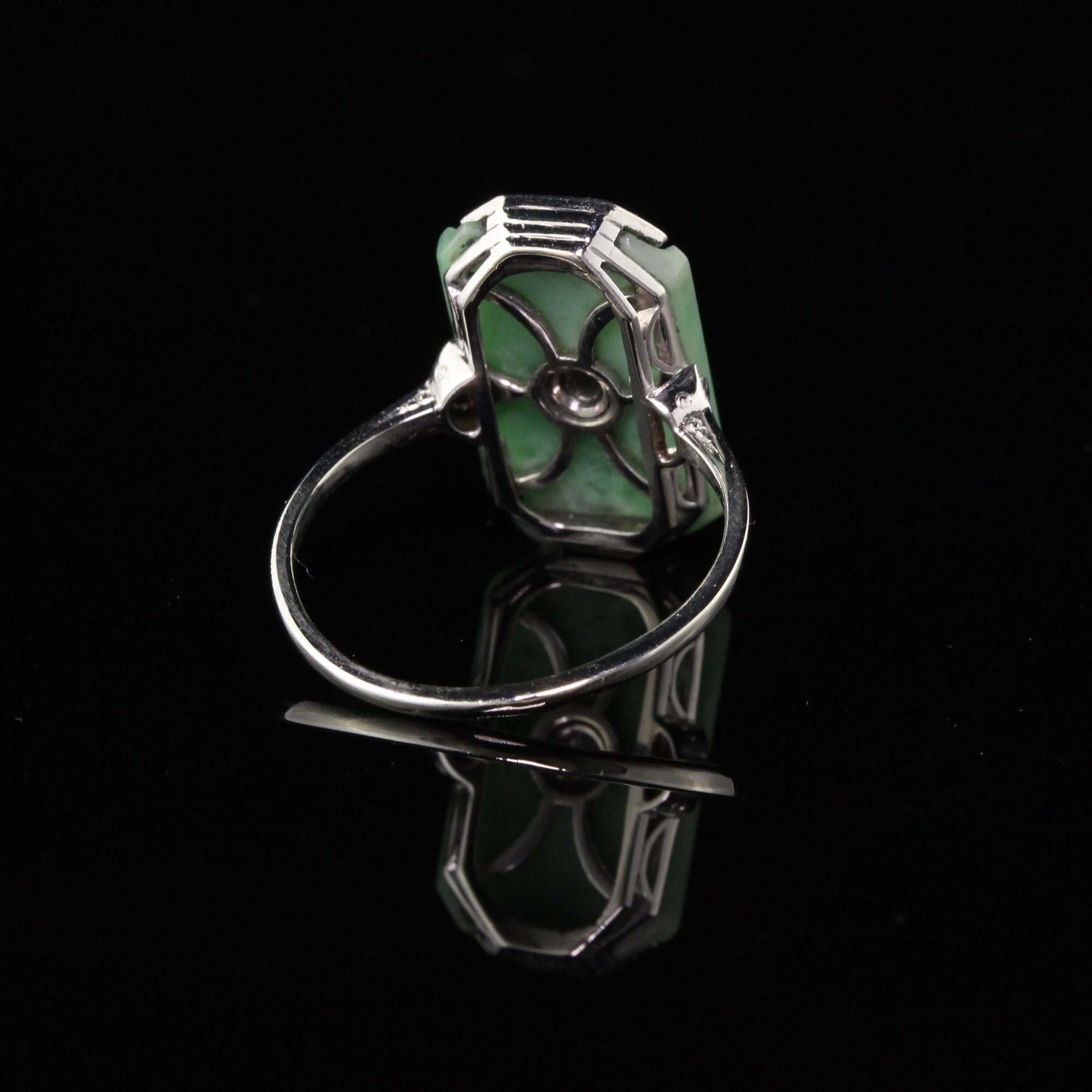 Antique Art Deco 18 Karat White Gold Diamond and Jade Shield Ring 1