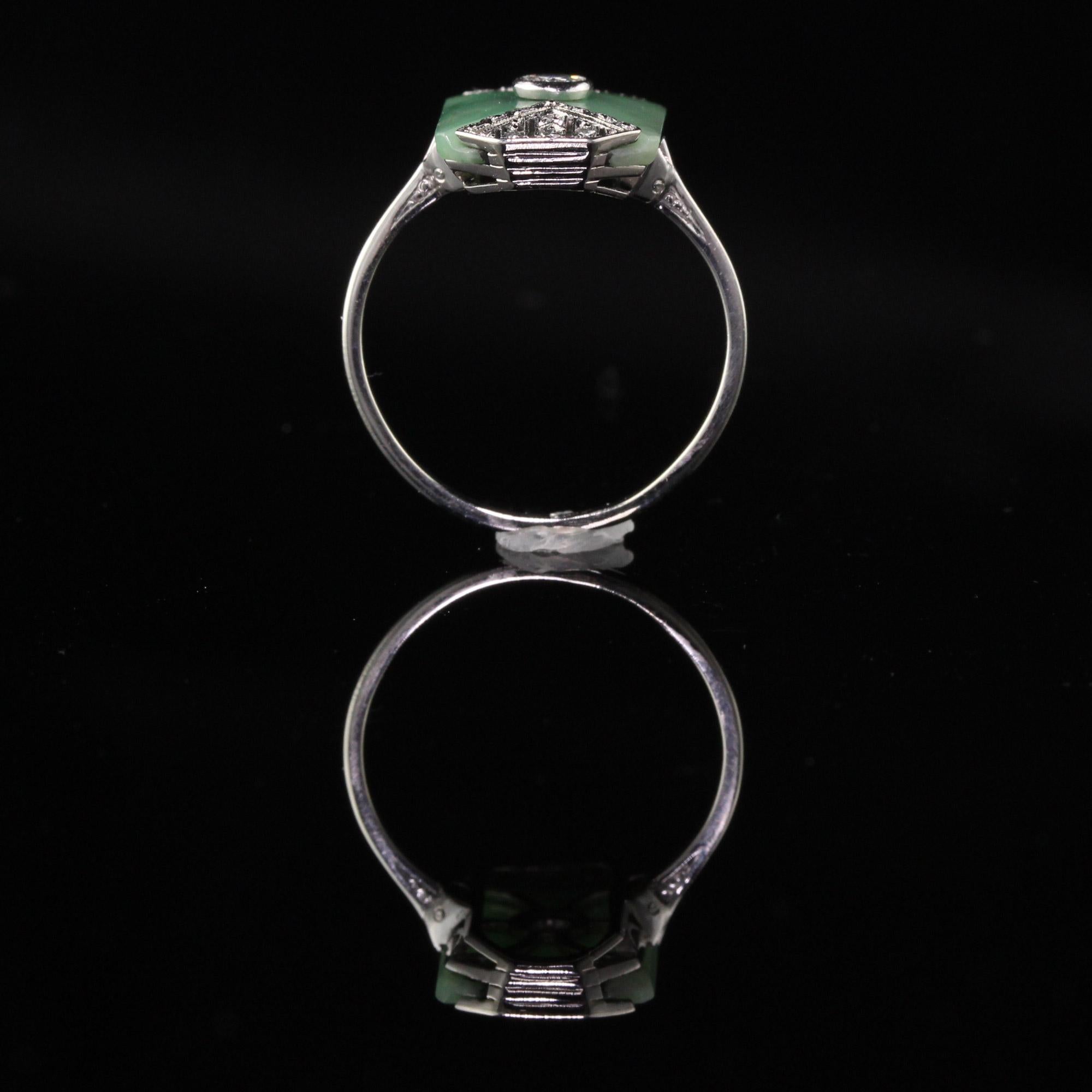 Antique Art Deco 18 Karat White Gold Diamond and Jade Shield Ring 2