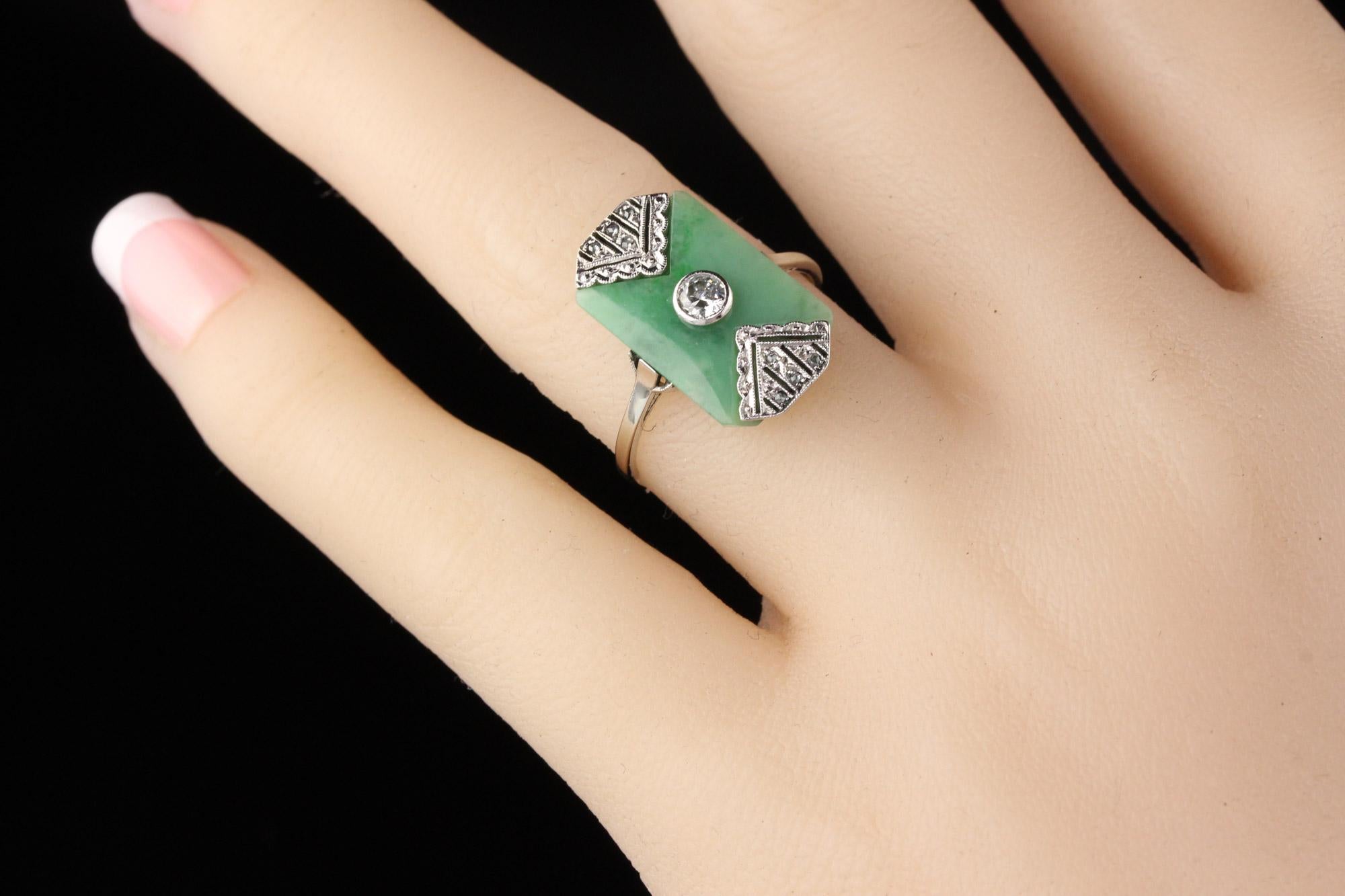 Antique Art Deco 18 Karat White Gold Diamond and Jade Shield Ring 3