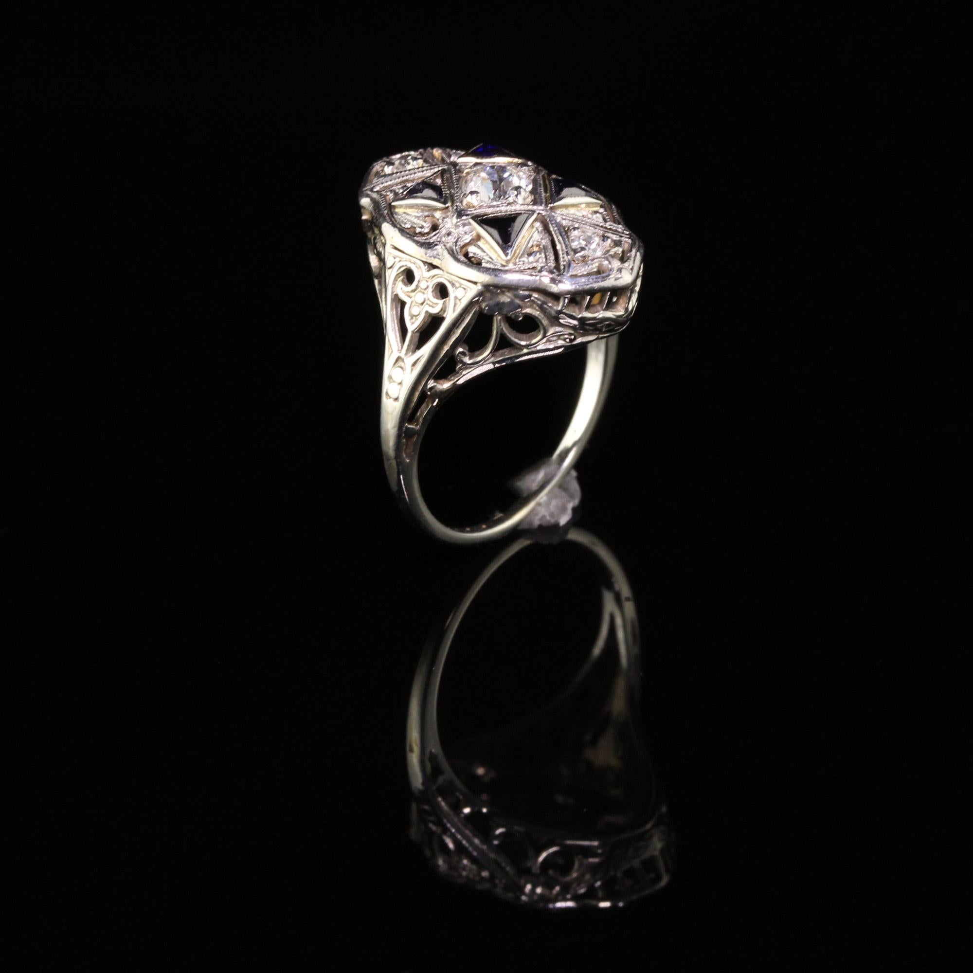 Old European Cut Antique Art Deco 18 Karat White Gold Diamond and Sapphire Shield Ring For Sale