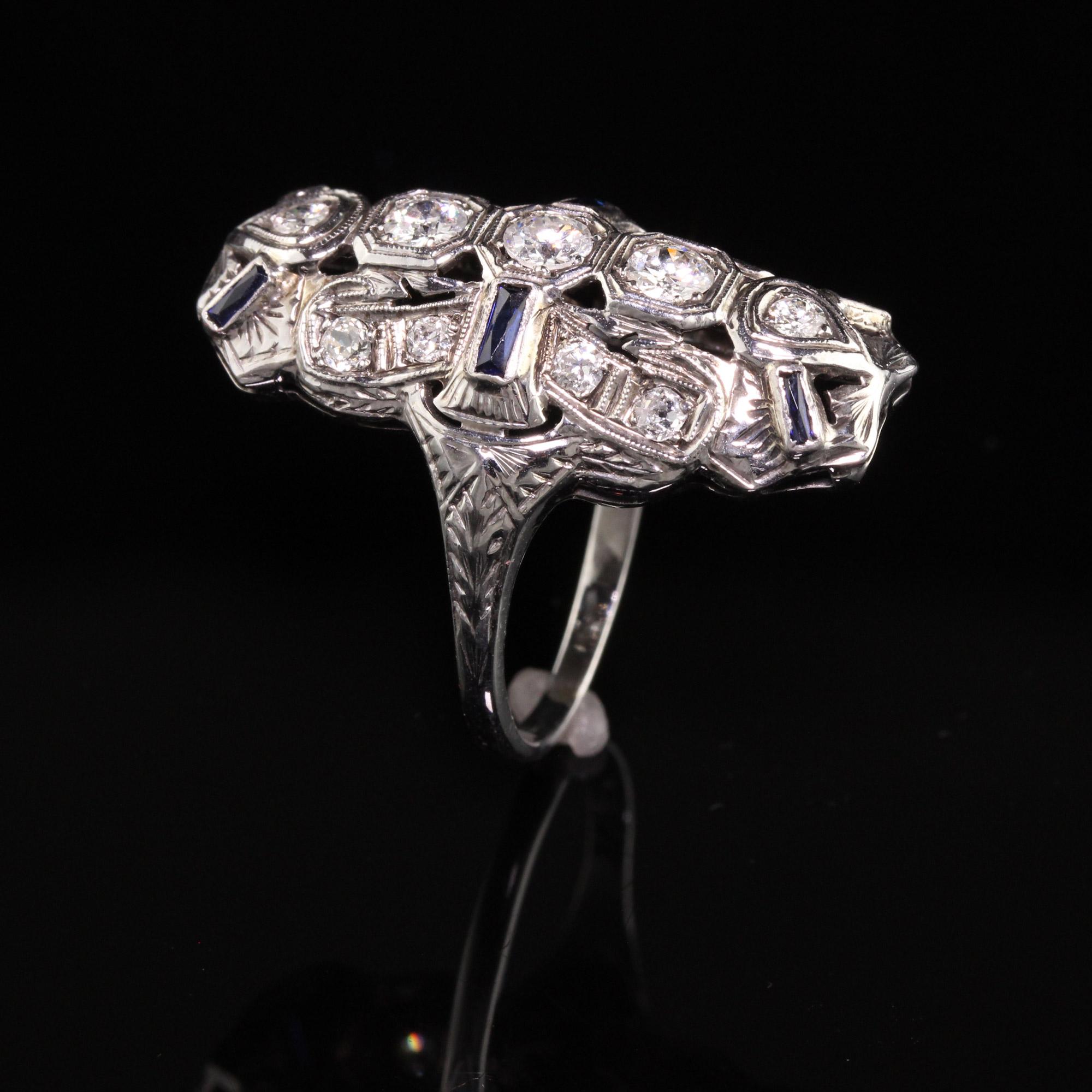 Antique Art Deco 18K White Gold Diamond and Sapphire Shield Ring In Good Condition In Great Neck, NY