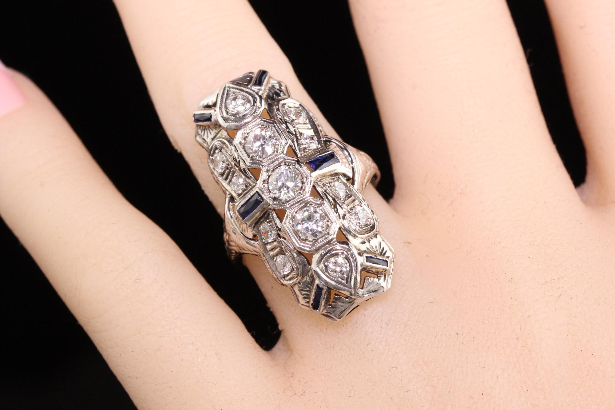 Women's or Men's Antique Art Deco 18K White Gold Diamond and Sapphire Shield Ring
