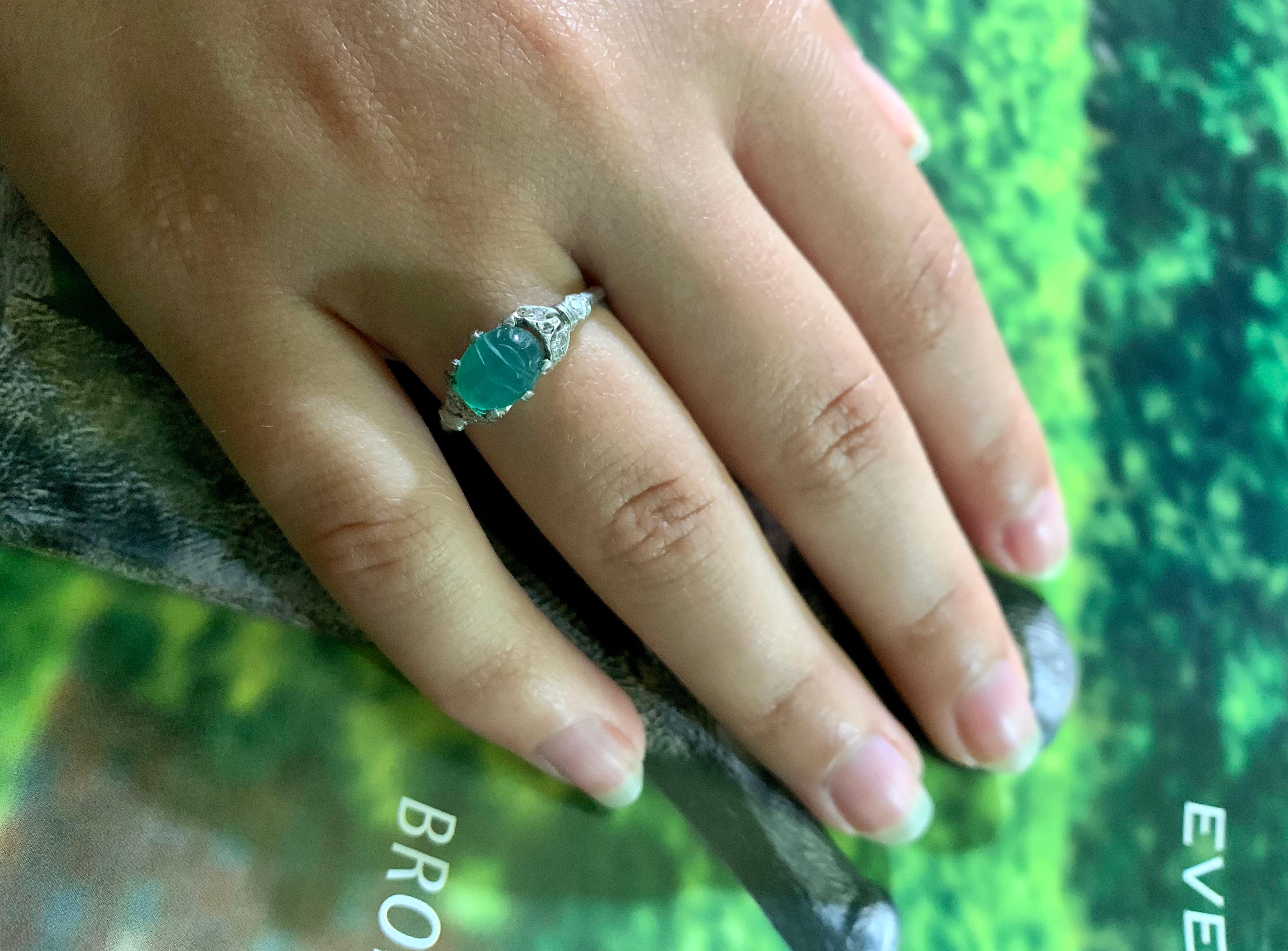 Antique Art Deco 18K White Gold Diamond, Carved Green Onyx Scarab Amulet Ring For Sale 5