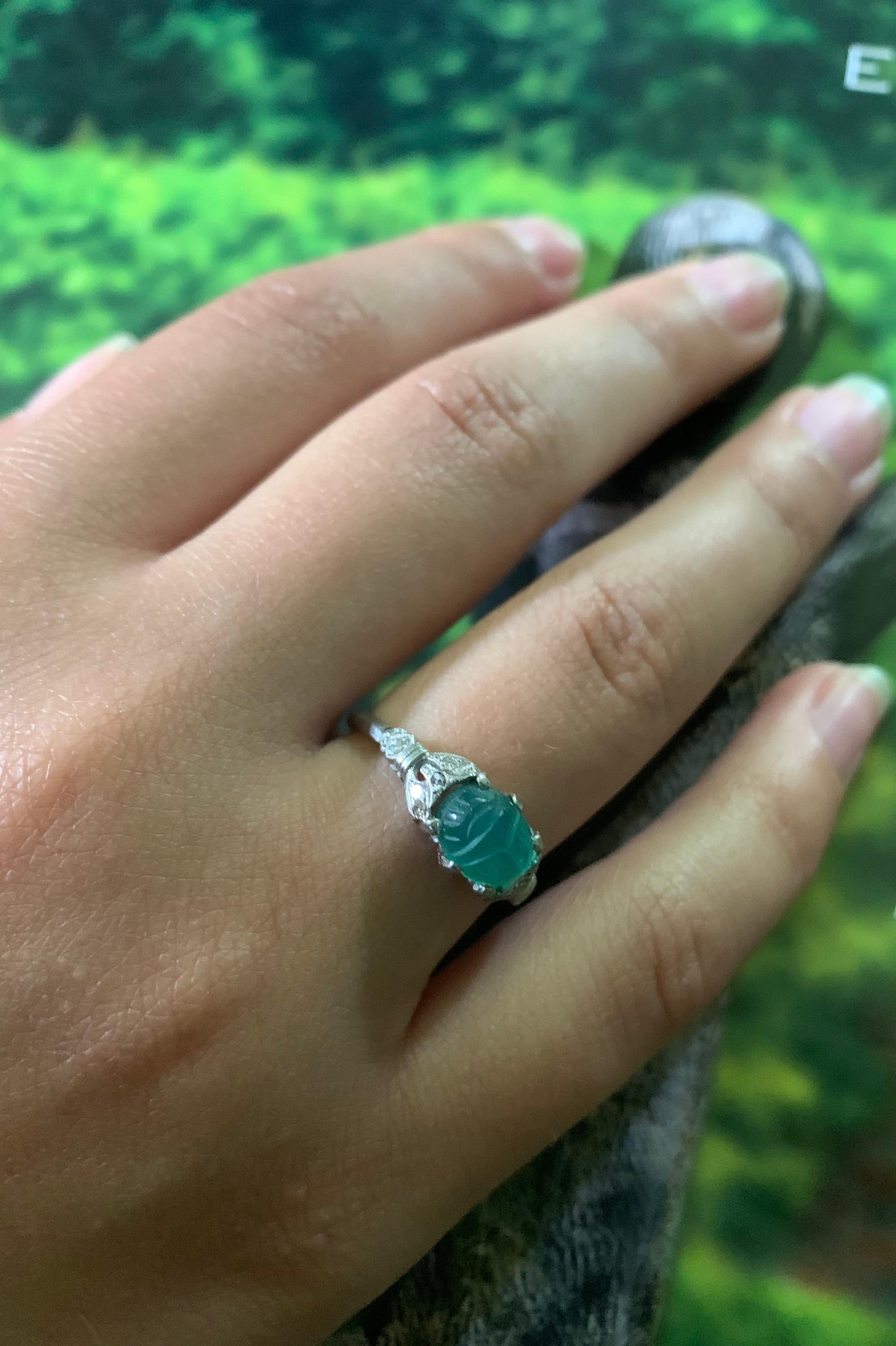 Antique Art Deco 18K White Gold Diamond, Carved Green Onyx Scarab Amulet Ring For Sale 6