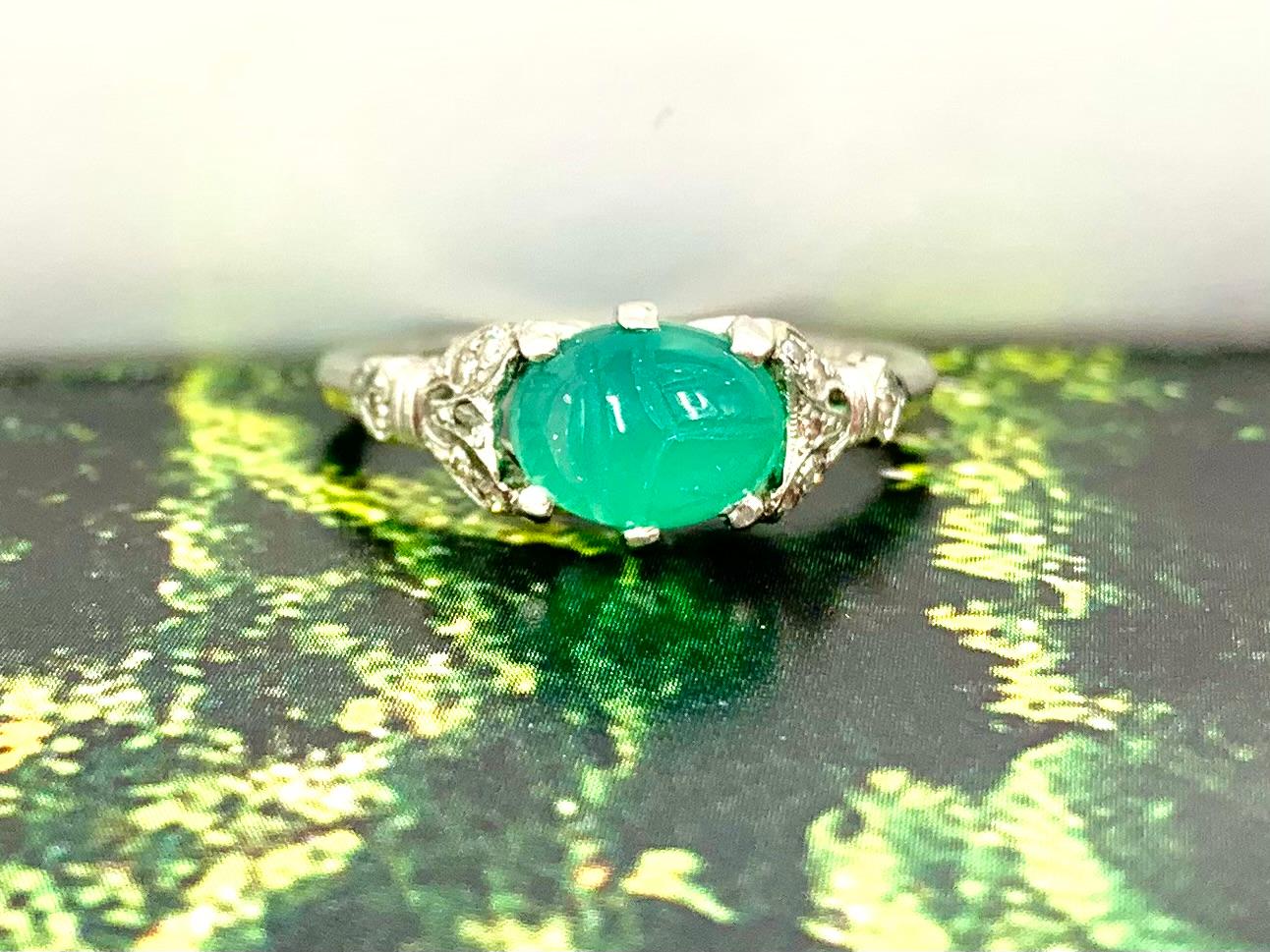 Antique Art Deco 18K White Gold Diamond, Carved Green Onyx Scarab Amulet Ring For Sale 7