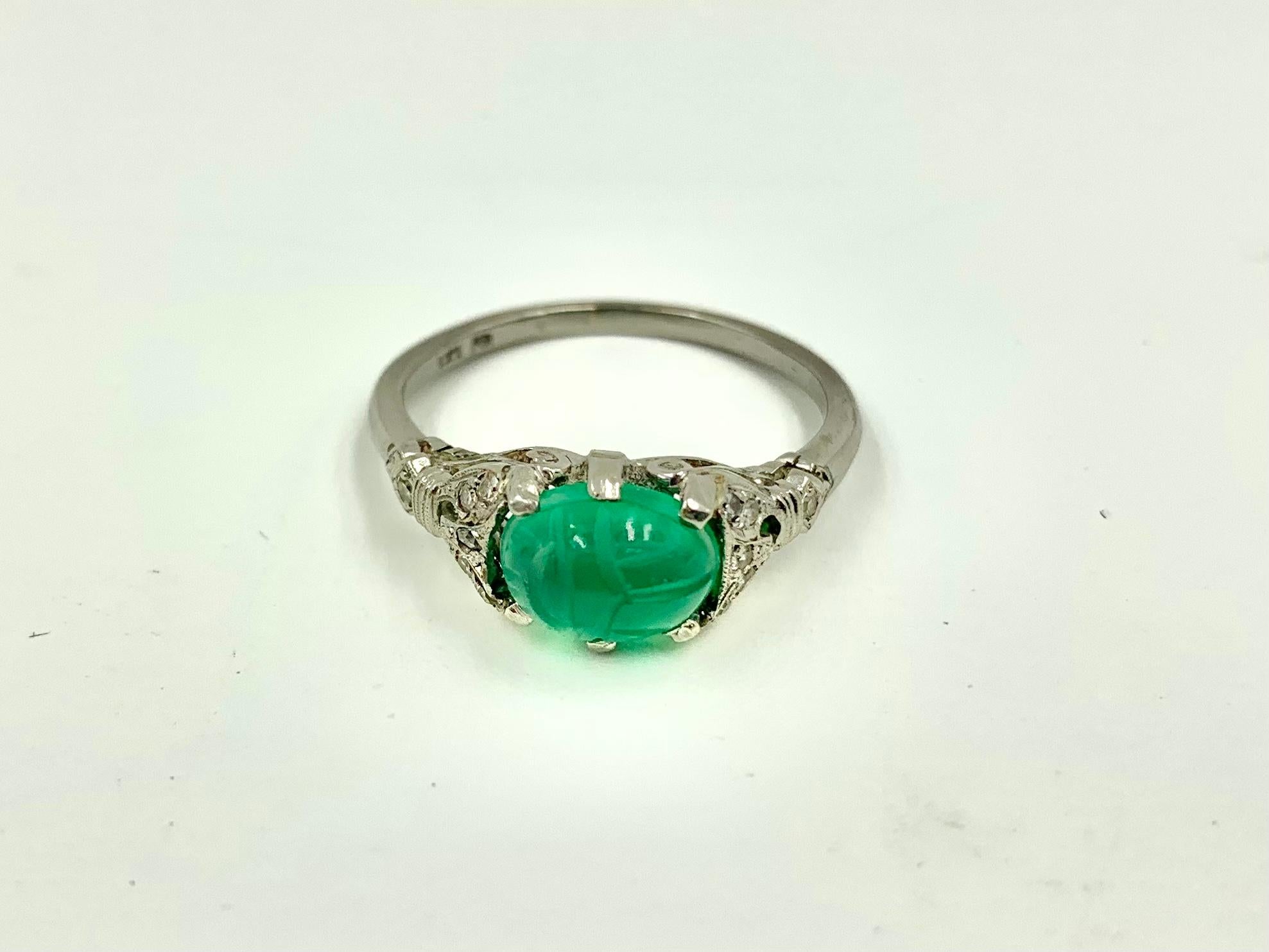 Antique Art Deco 18K White Gold Diamond, Carved Green Onyx Scarab Amulet Ring For Sale 4