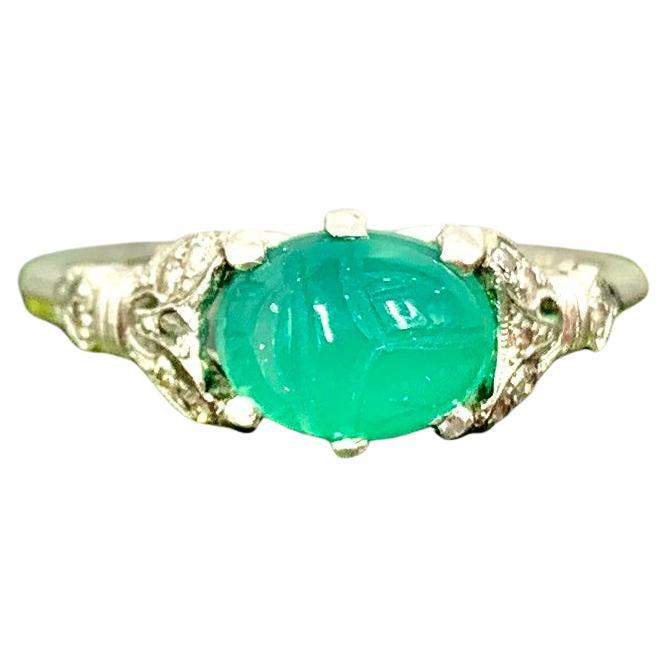 Antique Art Deco 18K White Gold Diamond, Carved Green Onyx Scarab Amulet Ring