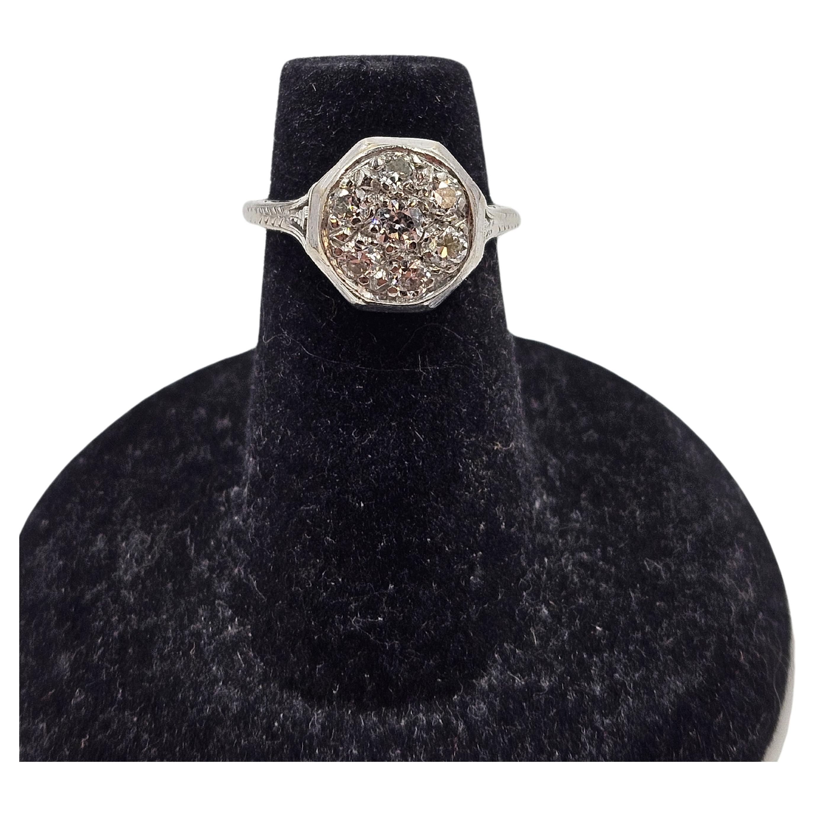 Antique Art Deco 18K White Gold Diamond Daisy Cluster Ring  For Sale