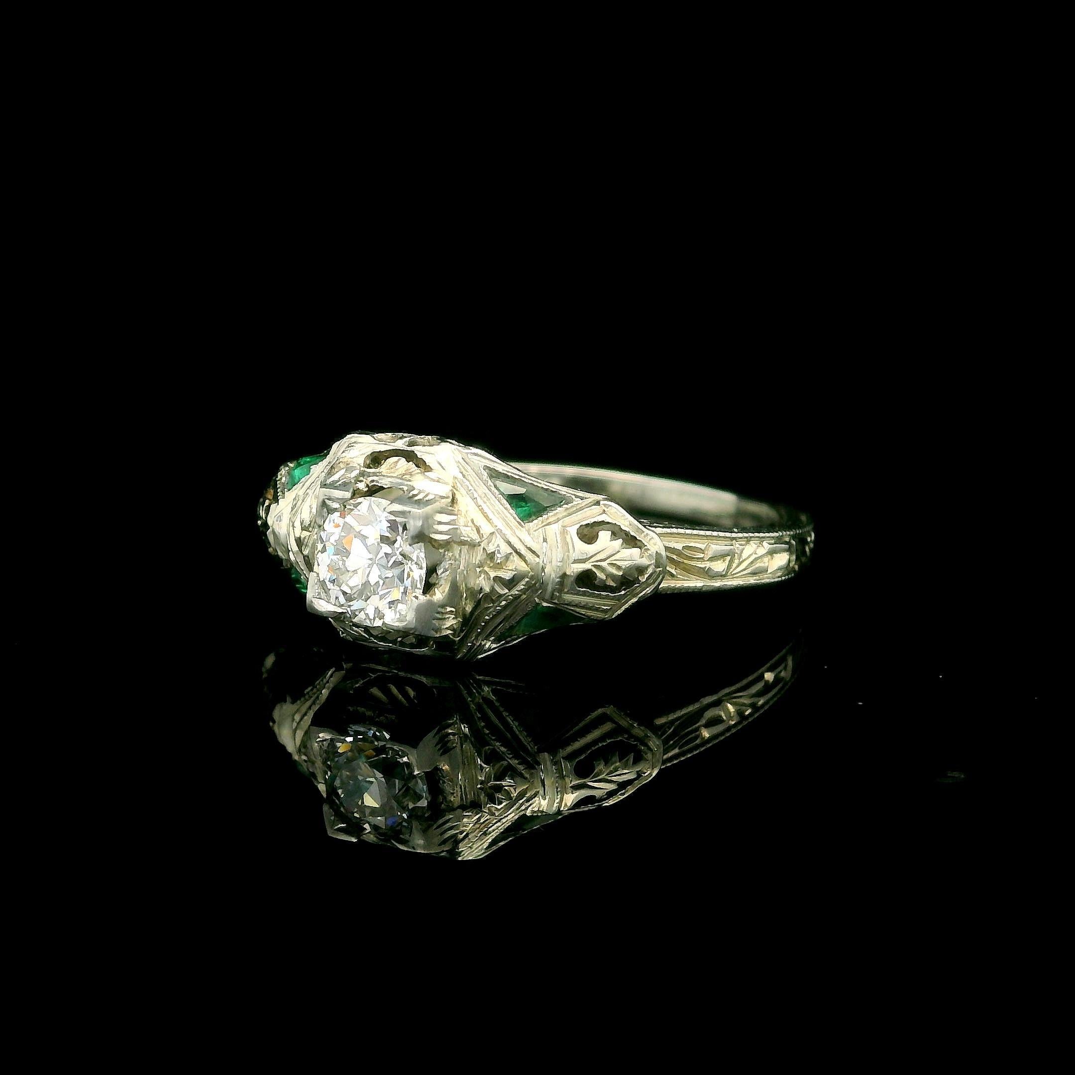 Antique Art Deco 18k White Gold Diamond Emerald Filigree Open Work Ring For Sale 5