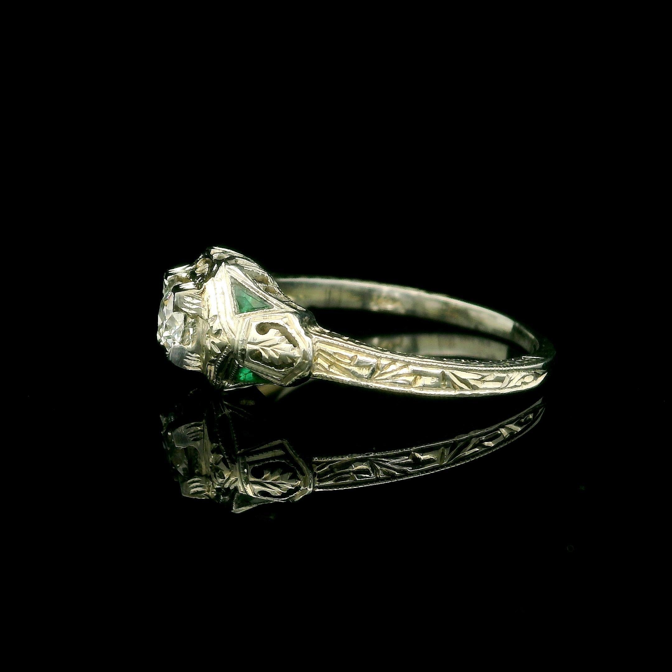 Antique Art Deco 18k White Gold Diamond Emerald Filigree Open Work Ring For Sale 6