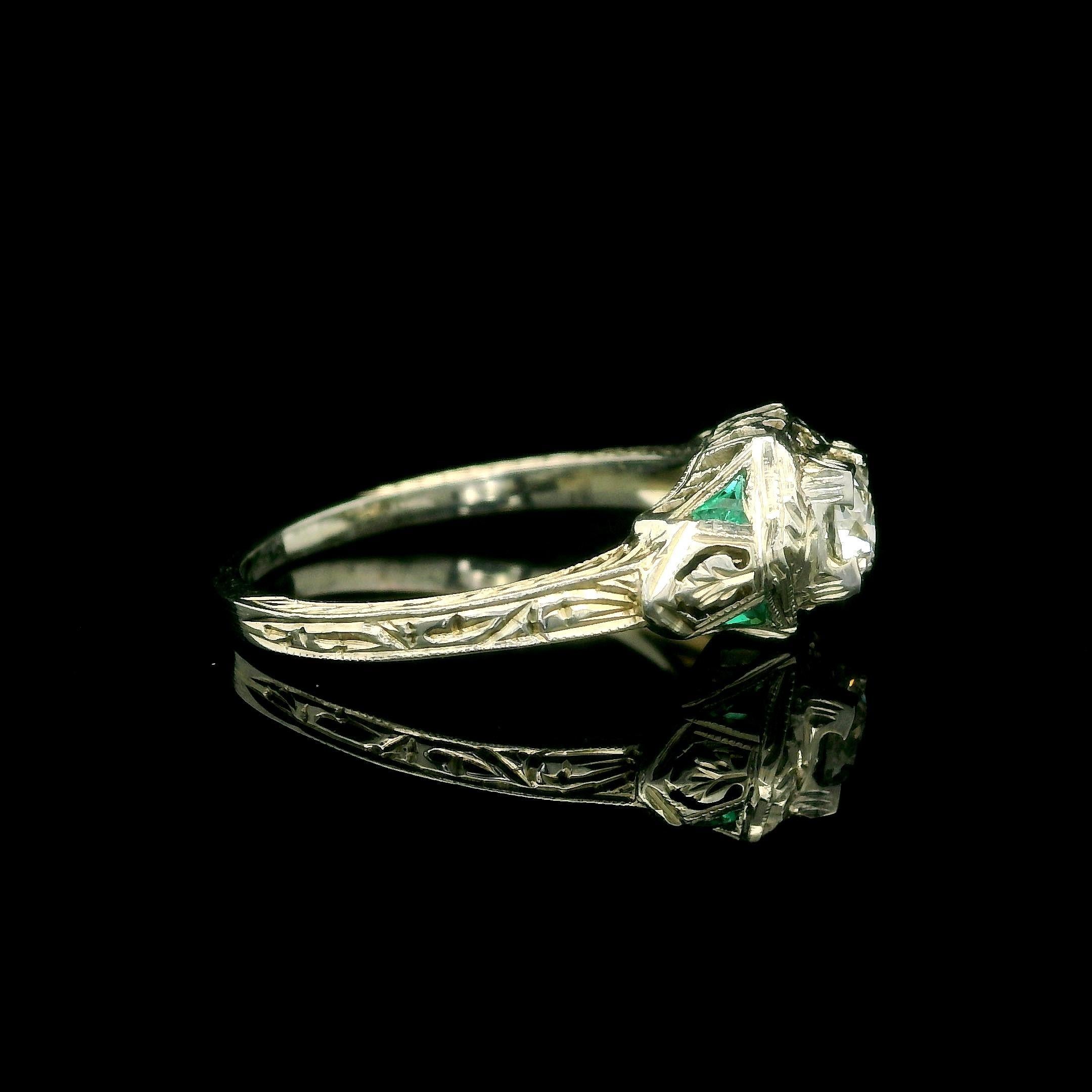 Antique Art Deco 18k White Gold Diamond Emerald Filigree Open Work Ring For Sale 7