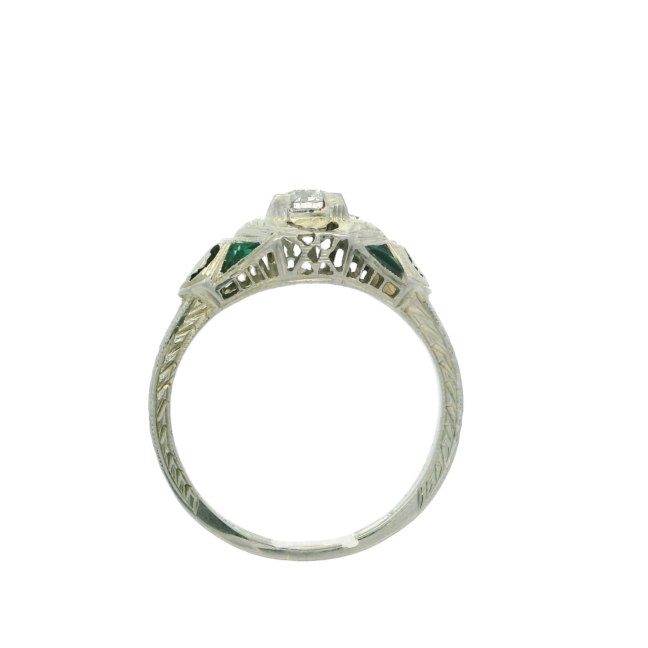 Antique Art Deco 18k White Gold Diamond Emerald Filigree Open Work Ring For Sale 8