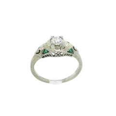 Antique Art Deco 18k White Gold Diamond Emerald Filigree Open Work Ring