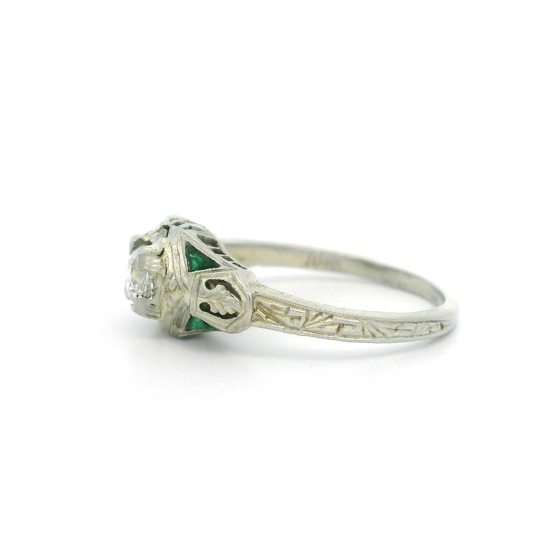 Women's Antique Art Deco 18k White Gold Diamond Emerald Filigree Open Work Ring For Sale