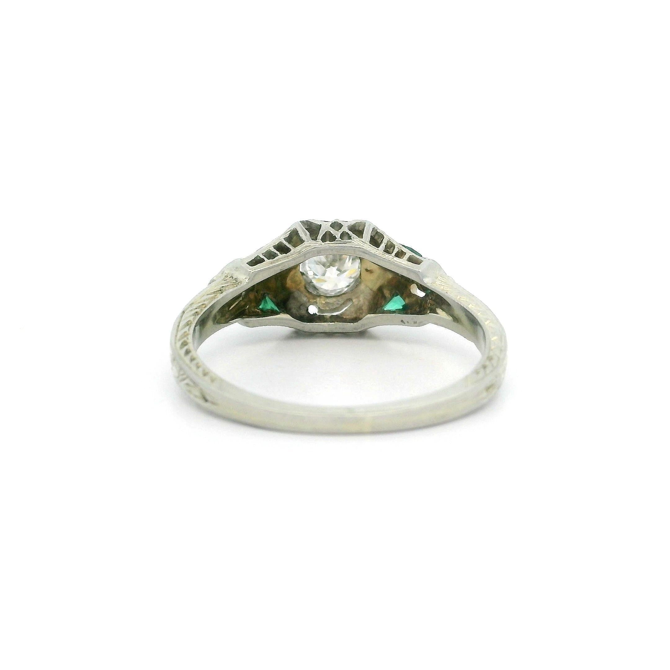 Antique Art Deco 18k White Gold Diamond Emerald Filigree Open Work Ring For Sale 1
