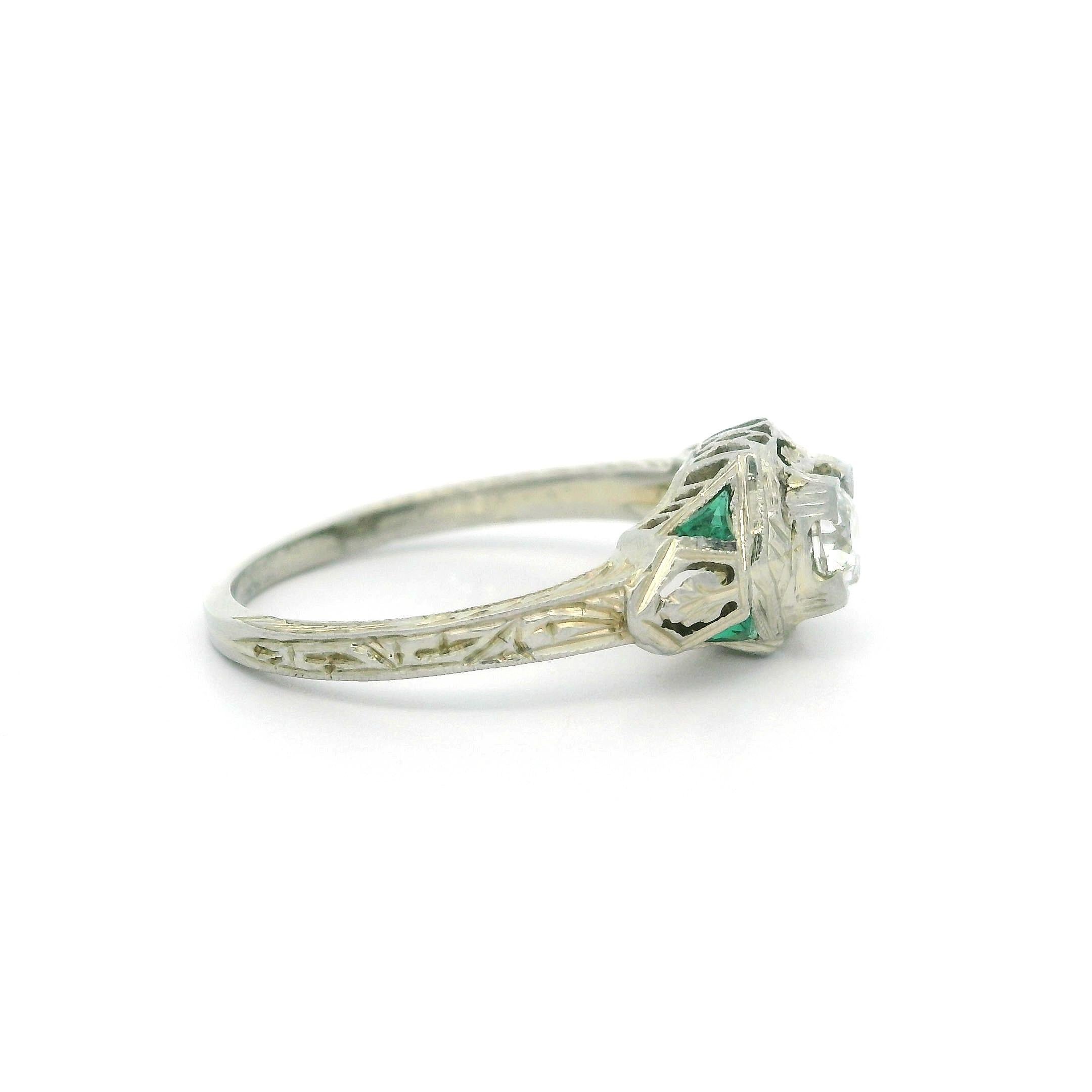 Antique Art Deco 18k White Gold Diamond Emerald Filigree Open Work Ring For Sale 2