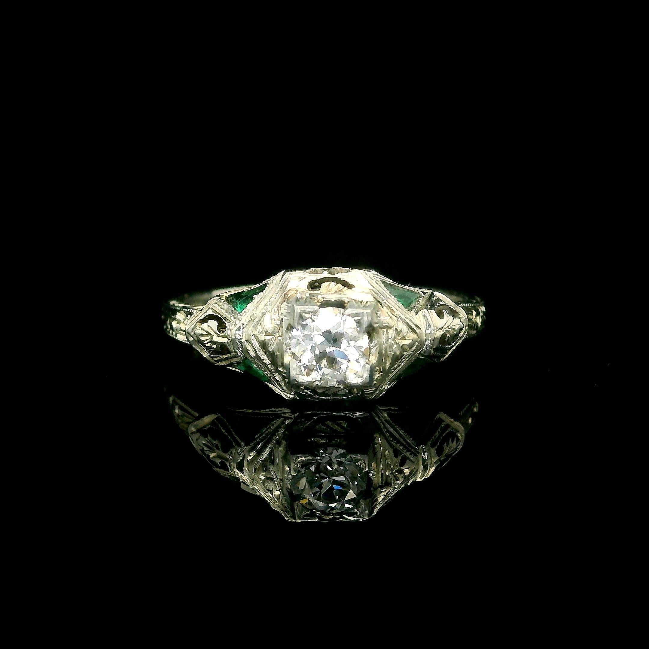 Antique Art Deco 18k White Gold Diamond Emerald Filigree Open Work Ring For Sale 3