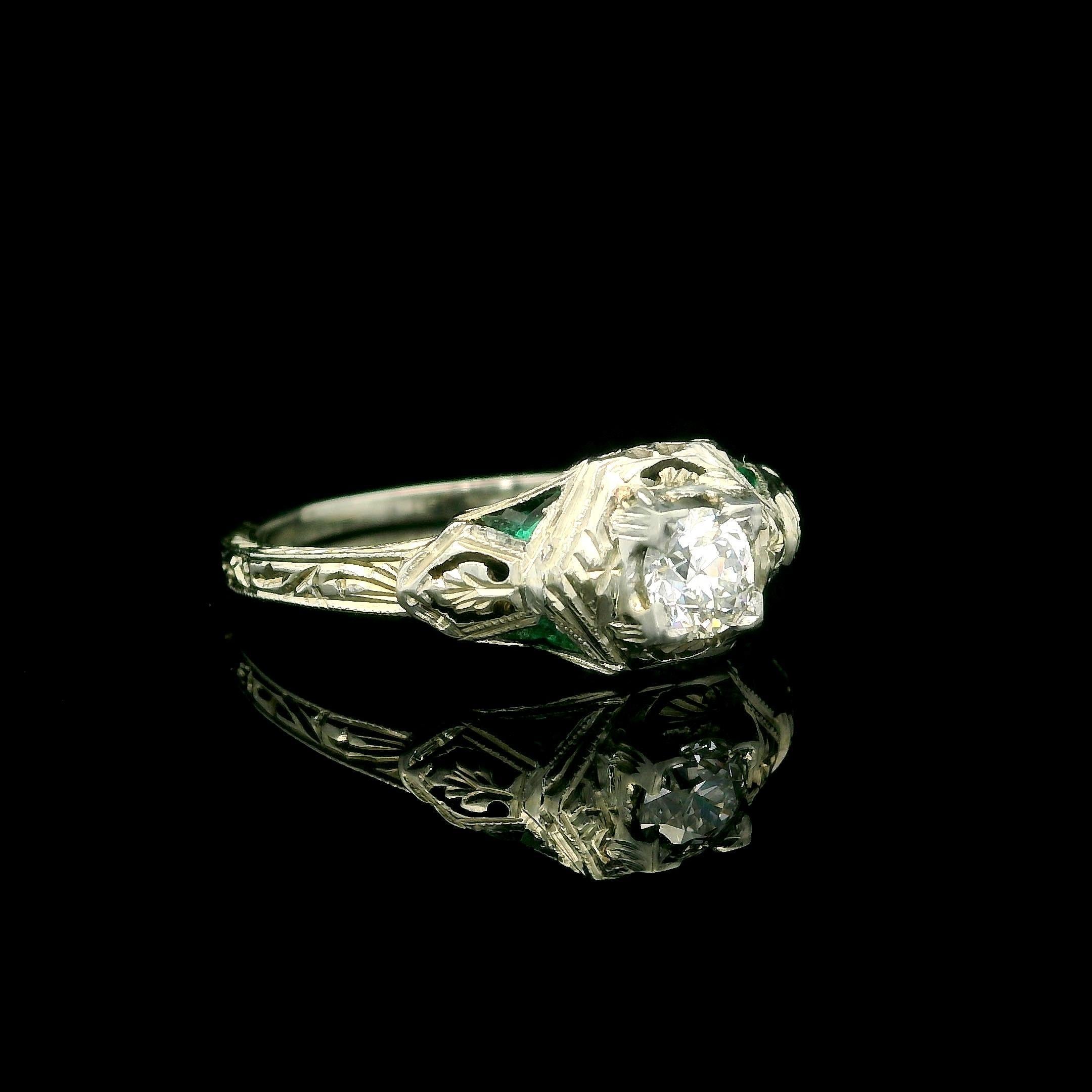 Antique Art Deco 18k White Gold Diamond Emerald Filigree Open Work Ring For Sale 4
