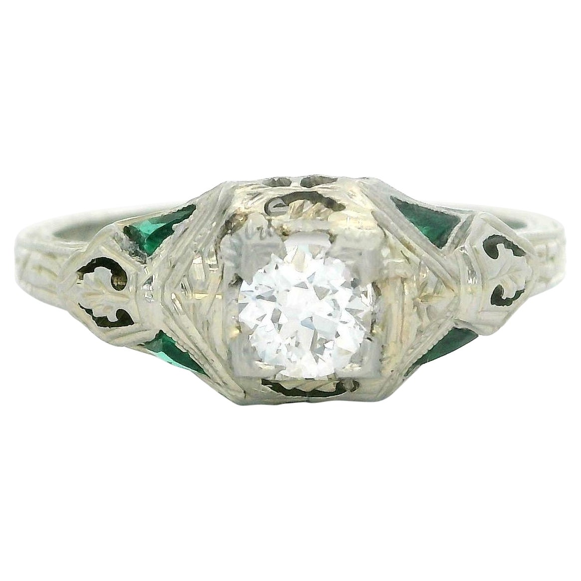 Antique Art Deco 18k White Gold Diamond Emerald Filigree Open Work Ring For Sale