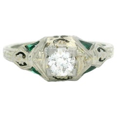 Antique Art Deco 18k White Gold Diamond Emerald Filigree Open Work Ring