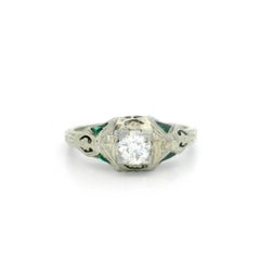 Antique Art Deco 18k White Gold Diamond Emerald Filigree Open Work Ring