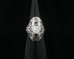 Antique Art Deco 18k White Gold Diamond Filigree Floral Dinner Ring