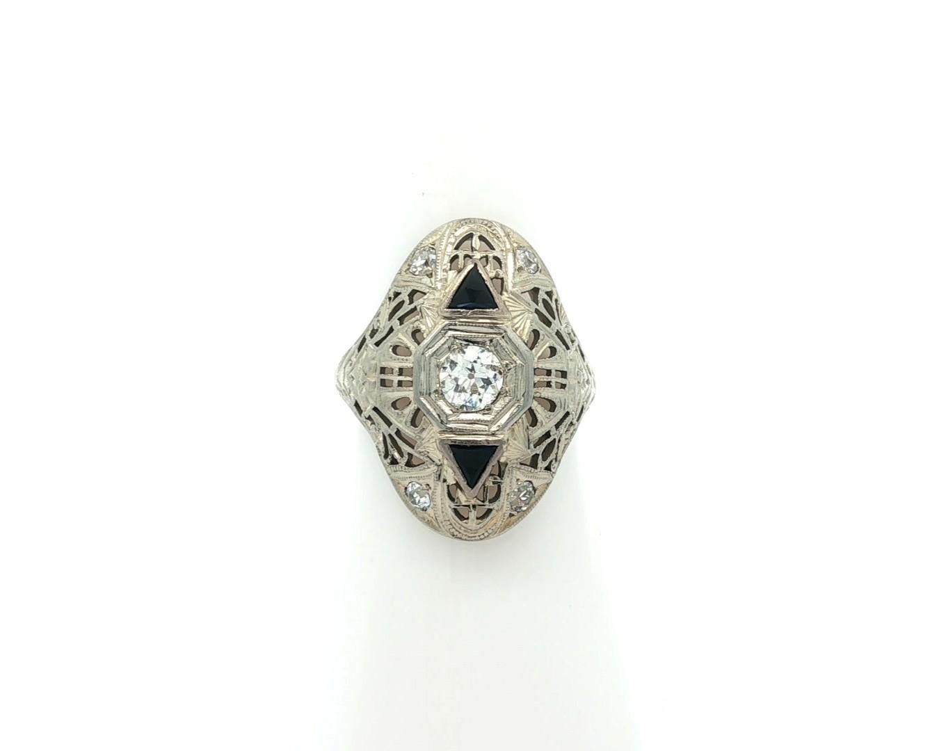 Anello da cena floreale in filigrana di diamanti in oro bianco 18k Art Deco