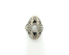 Anello da cena floreale in filigrana di diamanti in oro bianco 18k Art Deco