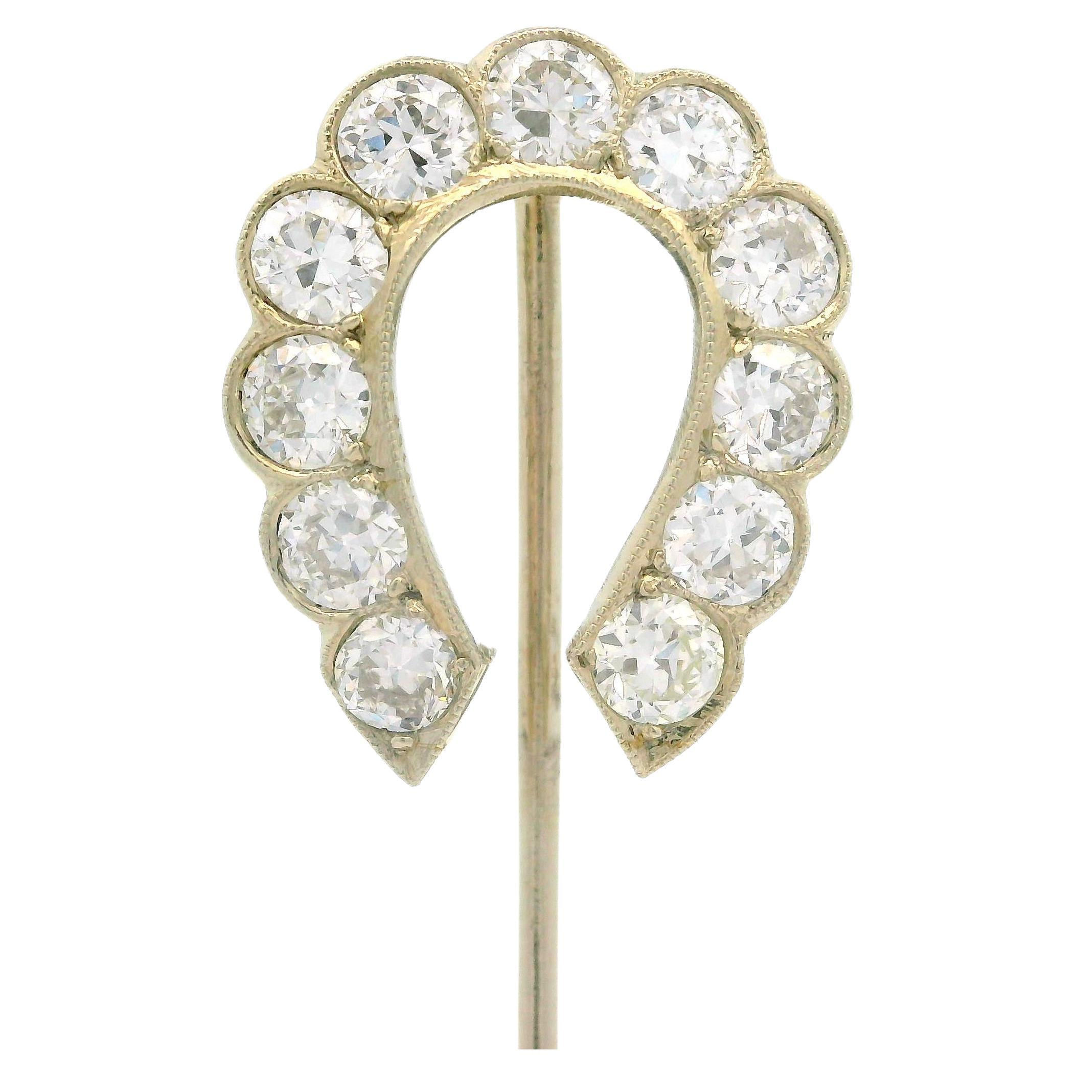 Antiguo Art Decó 18k Oro Blanco Diamante Herradura de la Suerte Milgrain Encanto Alfiler de Bastón
