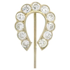 Antique Art Deco 18k White Gold Diamond Horseshoe Lucky Milgrain Charm Stick Pin