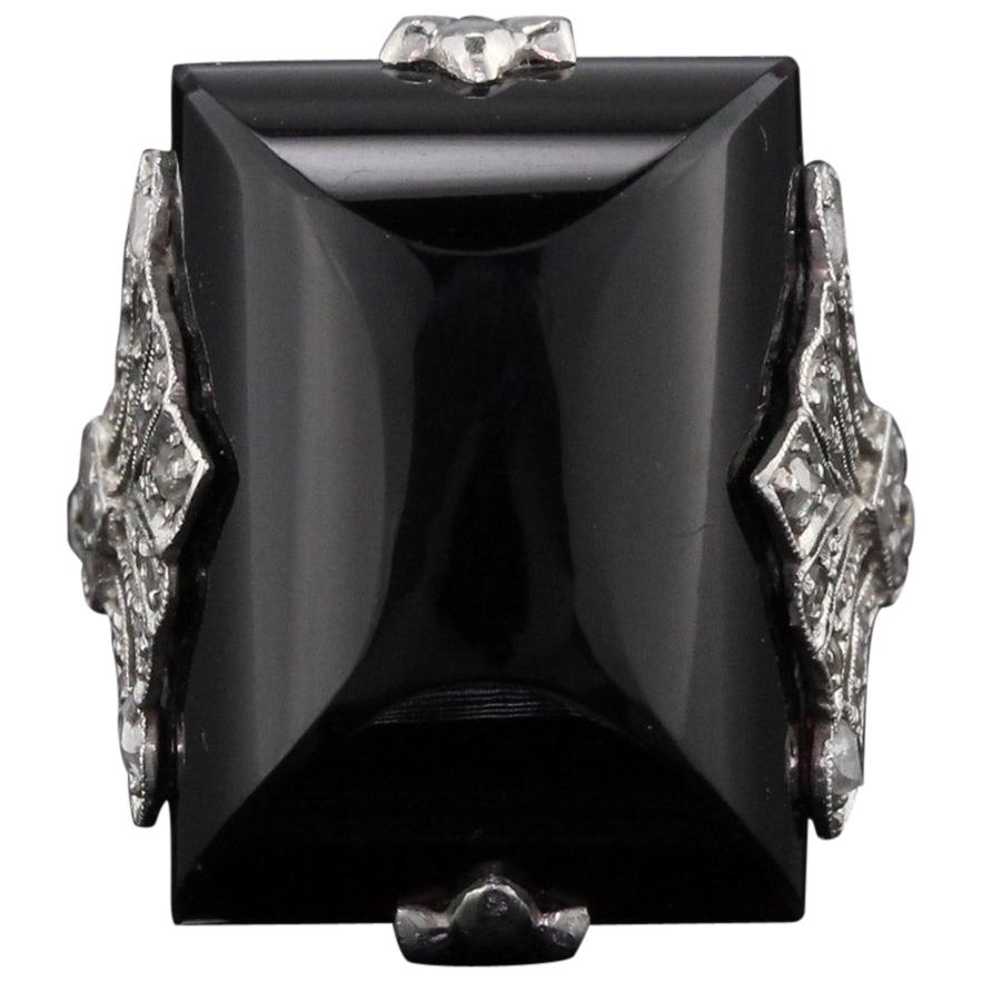 Antique Art Deco 18 Karat White Gold, Diamond and Onyx Cocktail Ring at ...