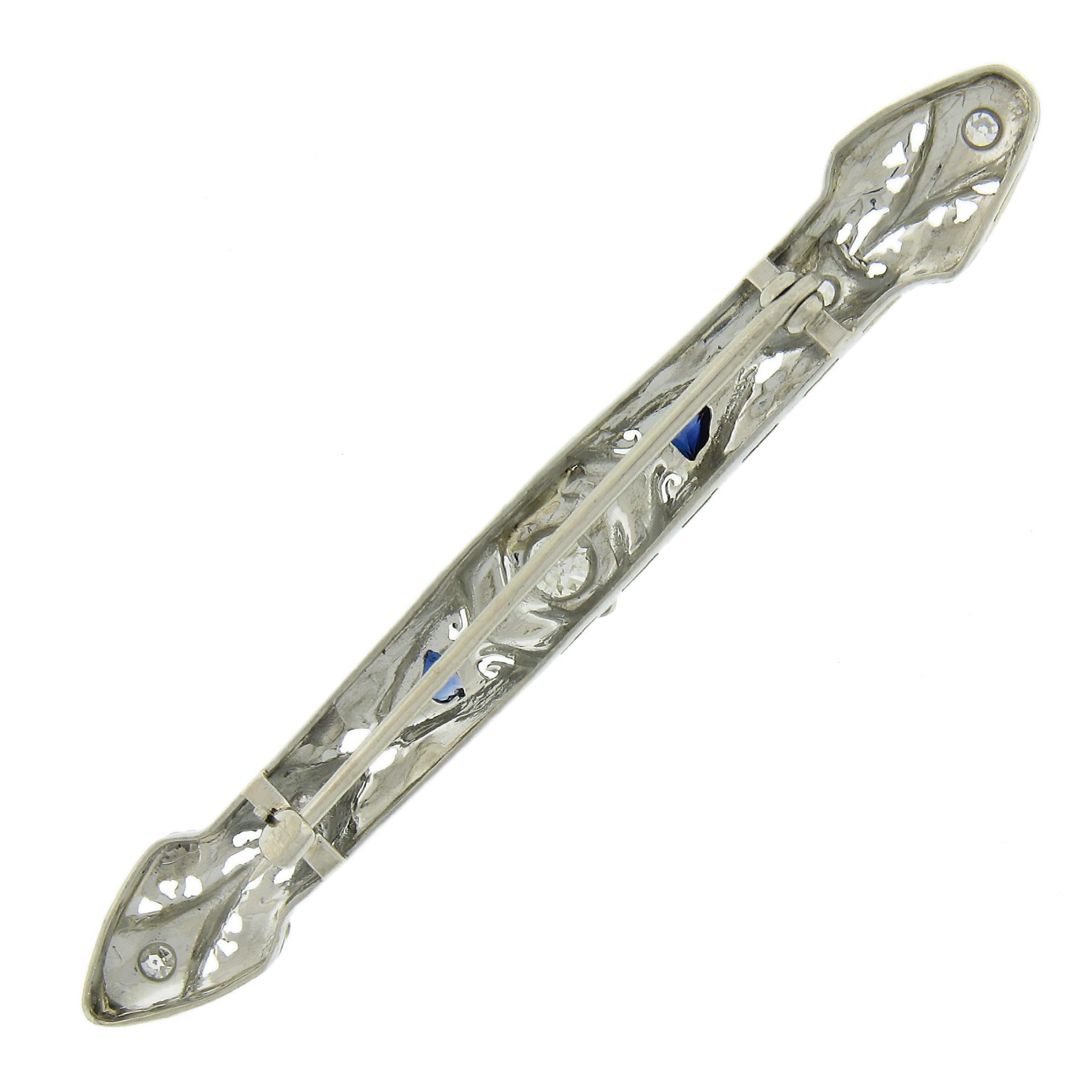 Old European Cut Antique Art Deco 18k White Gold Diamond Sapphire Open Filigree Bar Pin Brooch For Sale