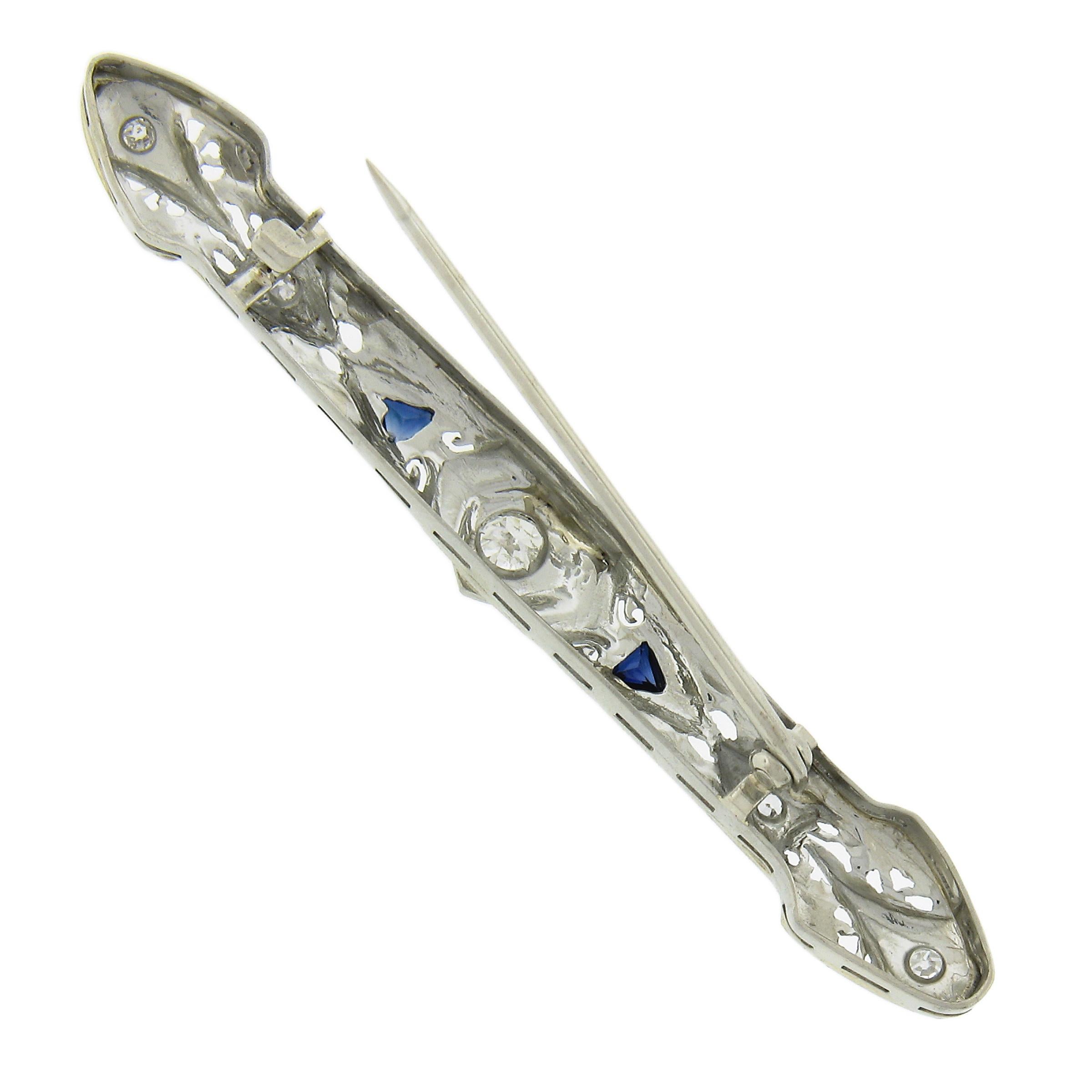 Antique Art Deco 18k White Gold Diamond Sapphire Open Filigree Bar Pin Brooch In Excellent Condition For Sale In Montclair, NJ
