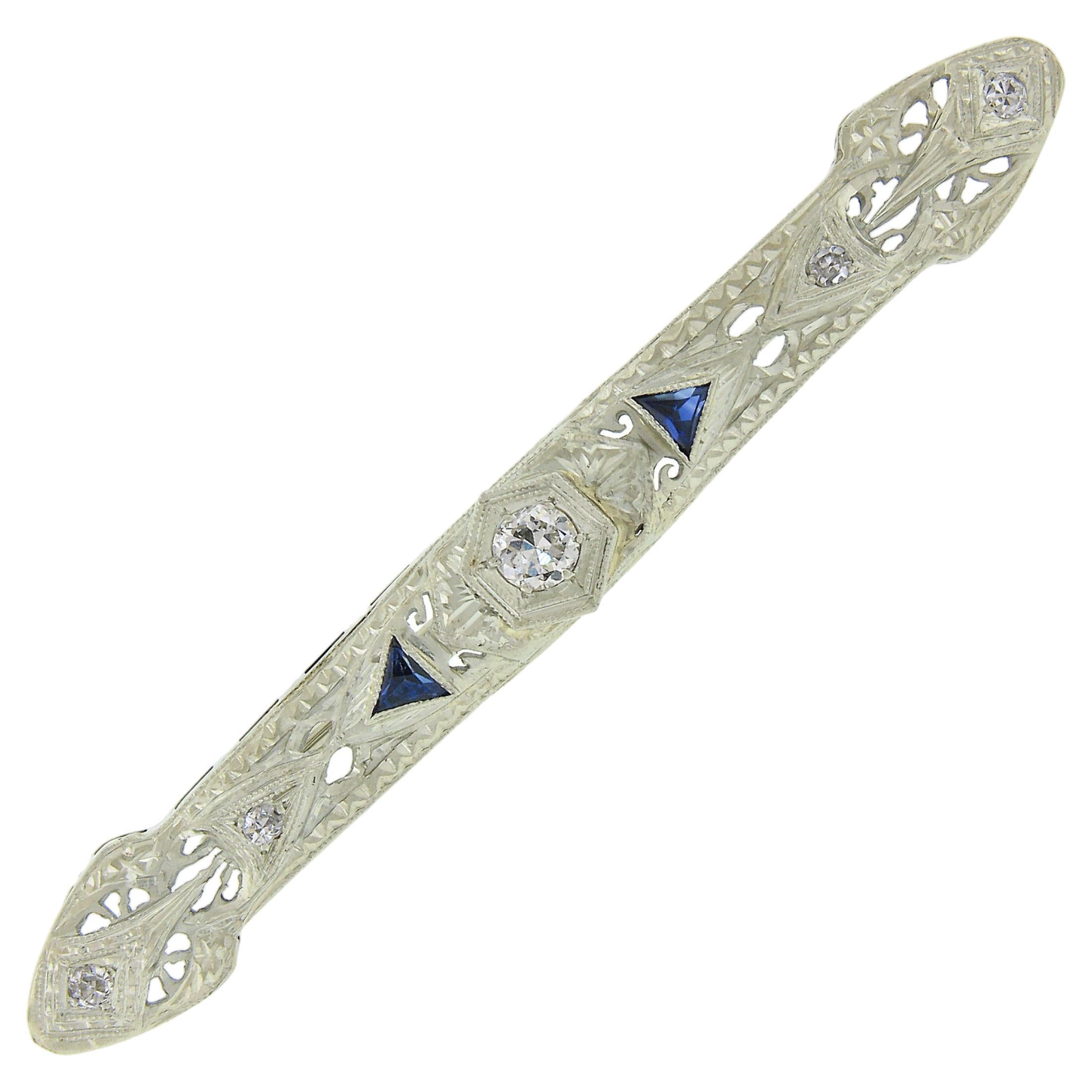 Antique Art Deco 18k White Gold Diamond Sapphire Open Filigree Bar Pin Brooch For Sale