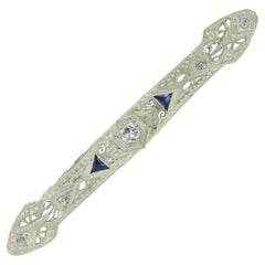 Antique Art Deco 18k White Gold Diamond Sapphire Open Filigree Bar Pin Brooch
