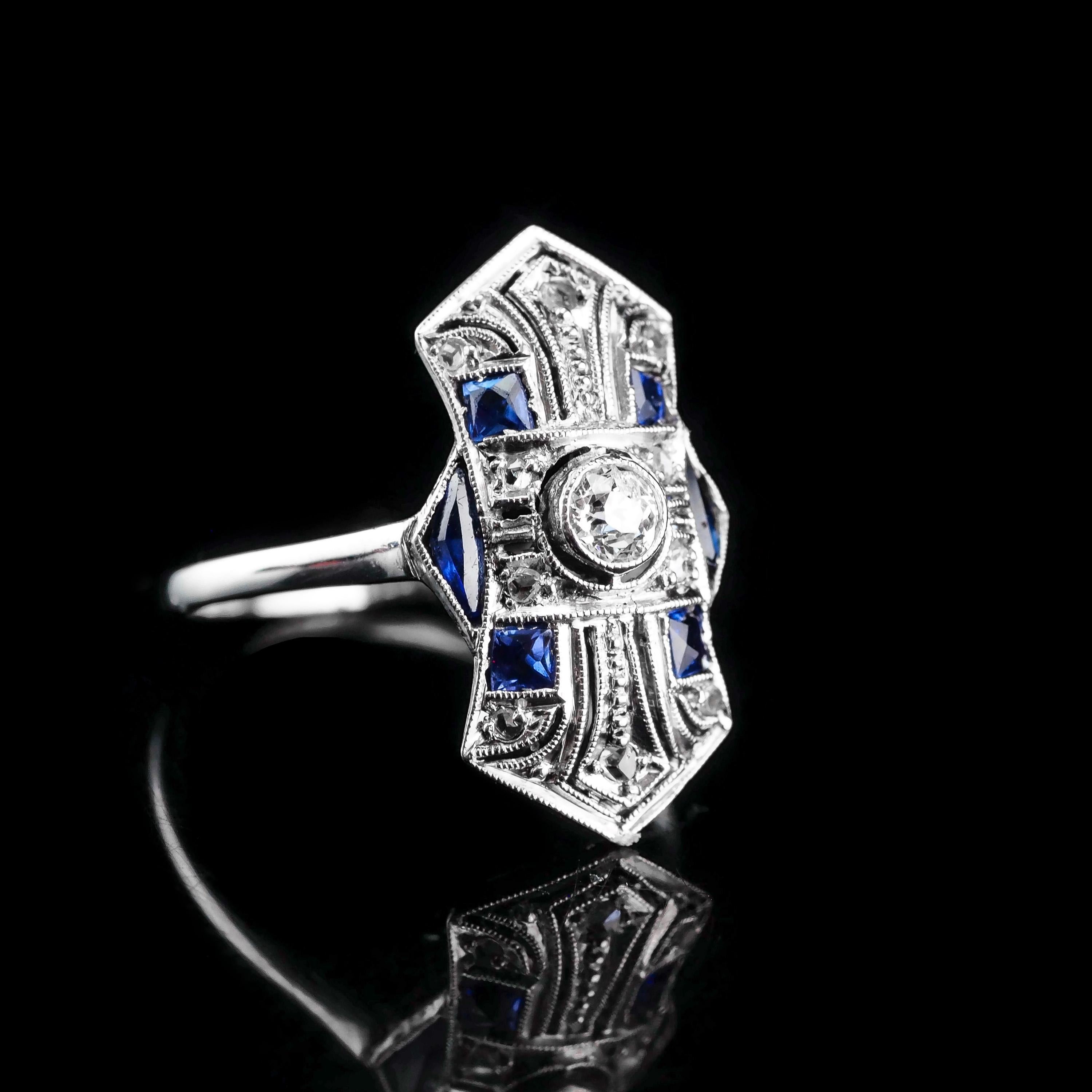 Antique Art Deco 18k White Gold Diamond & Sapphire Ring For Sale 5