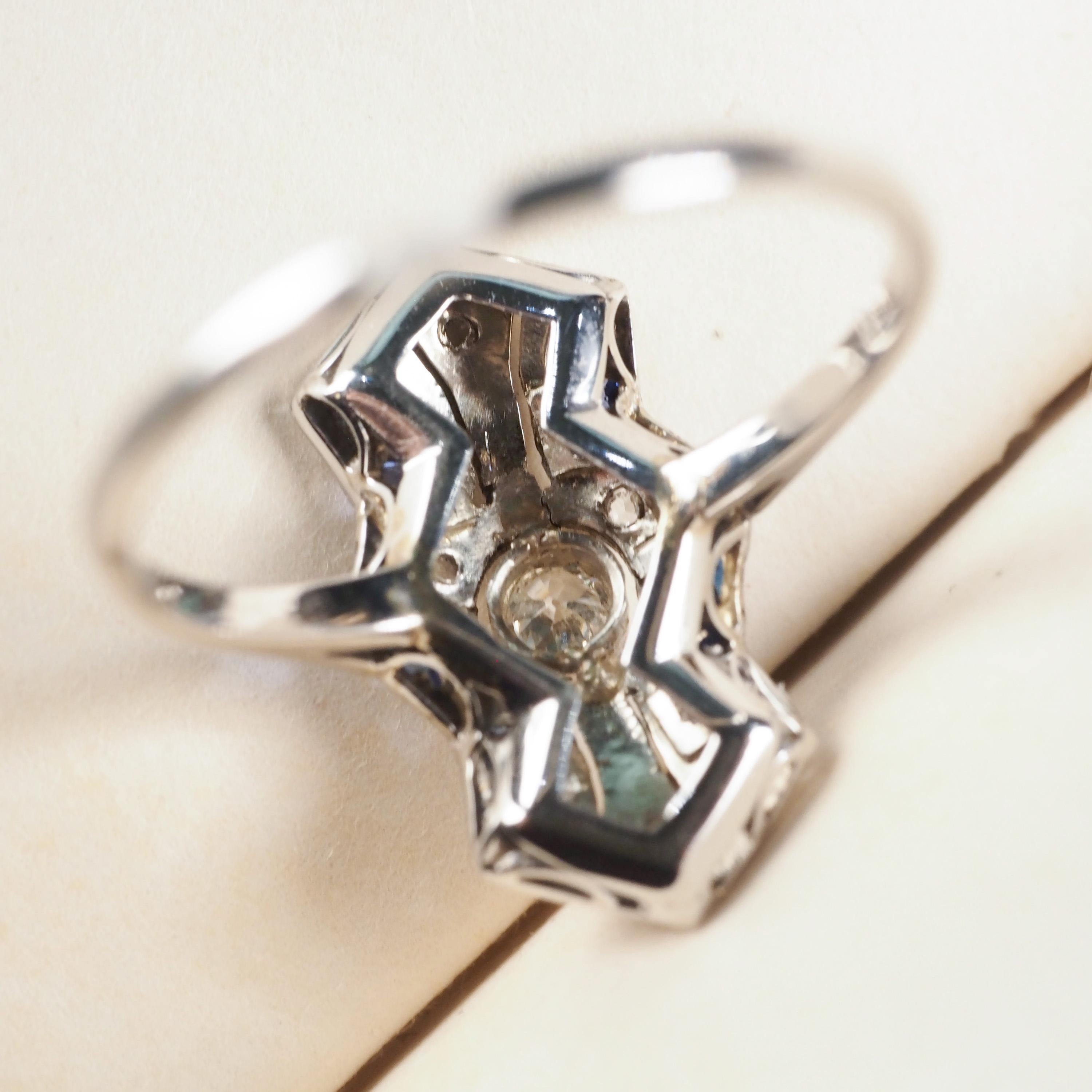 Antique Art Deco 18k White Gold Diamond & Sapphire Ring For Sale 7