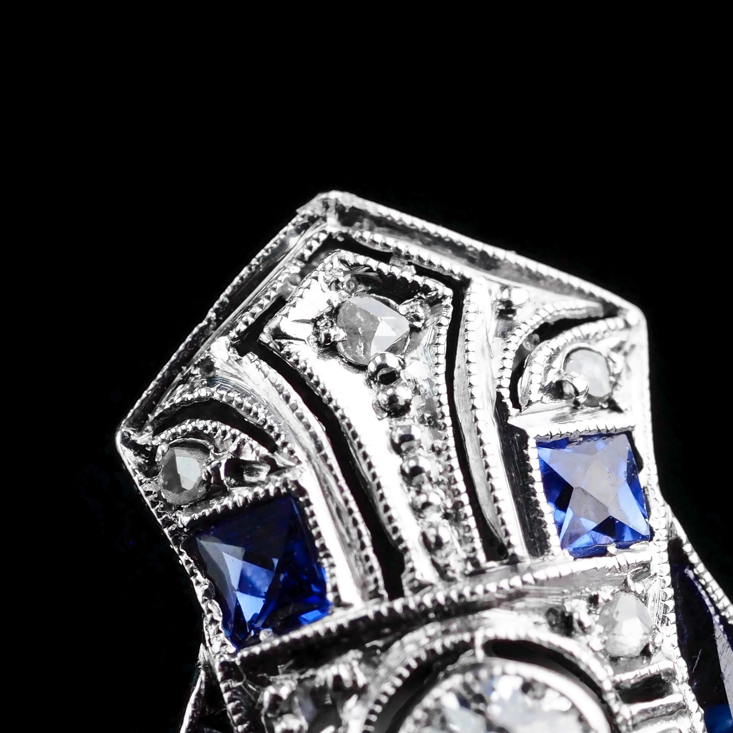 Antique Art Deco 18k White Gold Diamond & Sapphire Ring For Sale 8