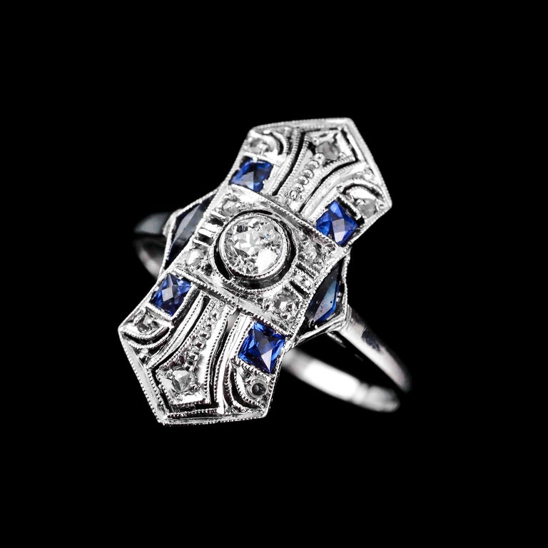 Antique Art Deco 18k White Gold Diamond and Sapphire Ring For Sale at ...