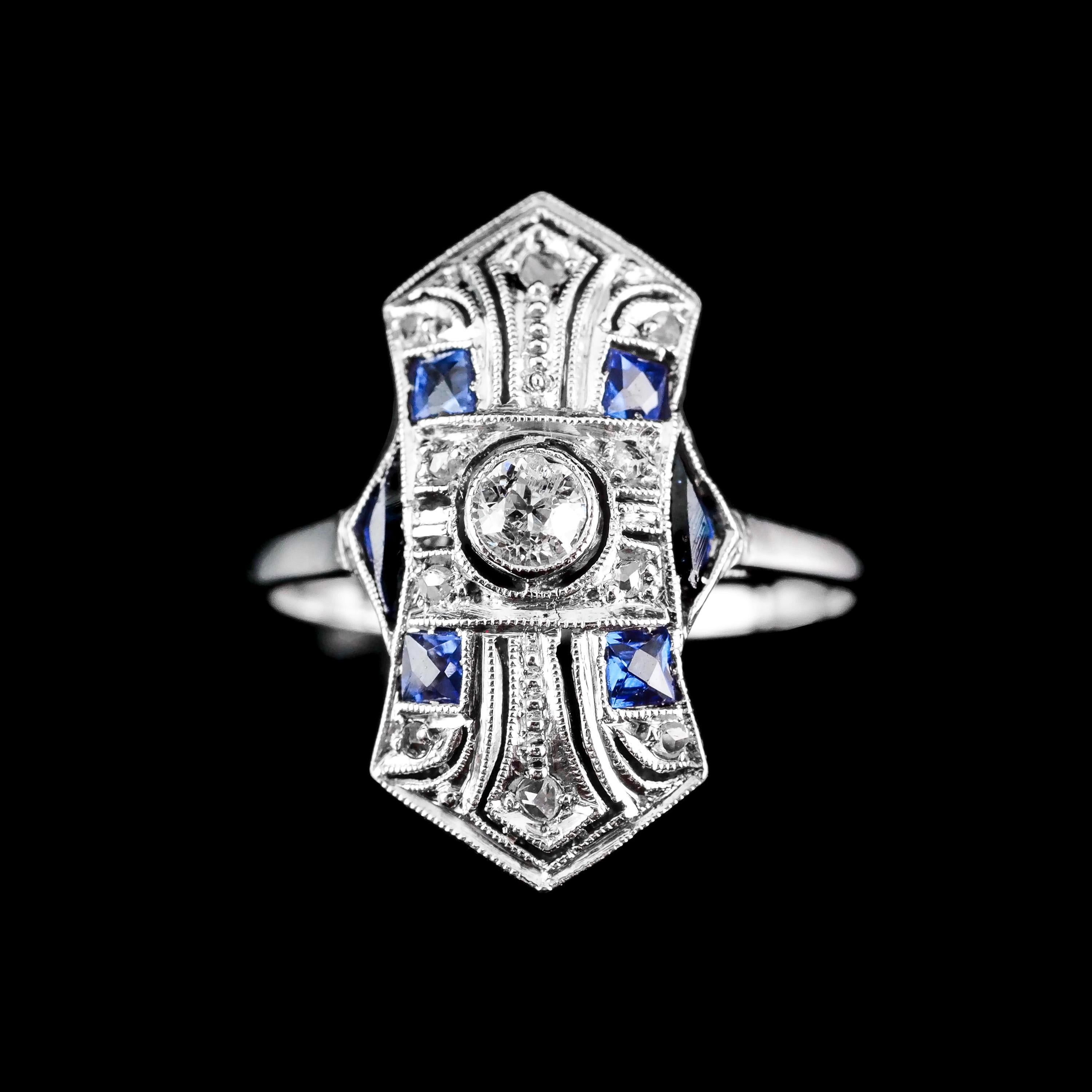 Antique Art Deco 18k White Gold Diamond & Sapphire Ring For Sale 1