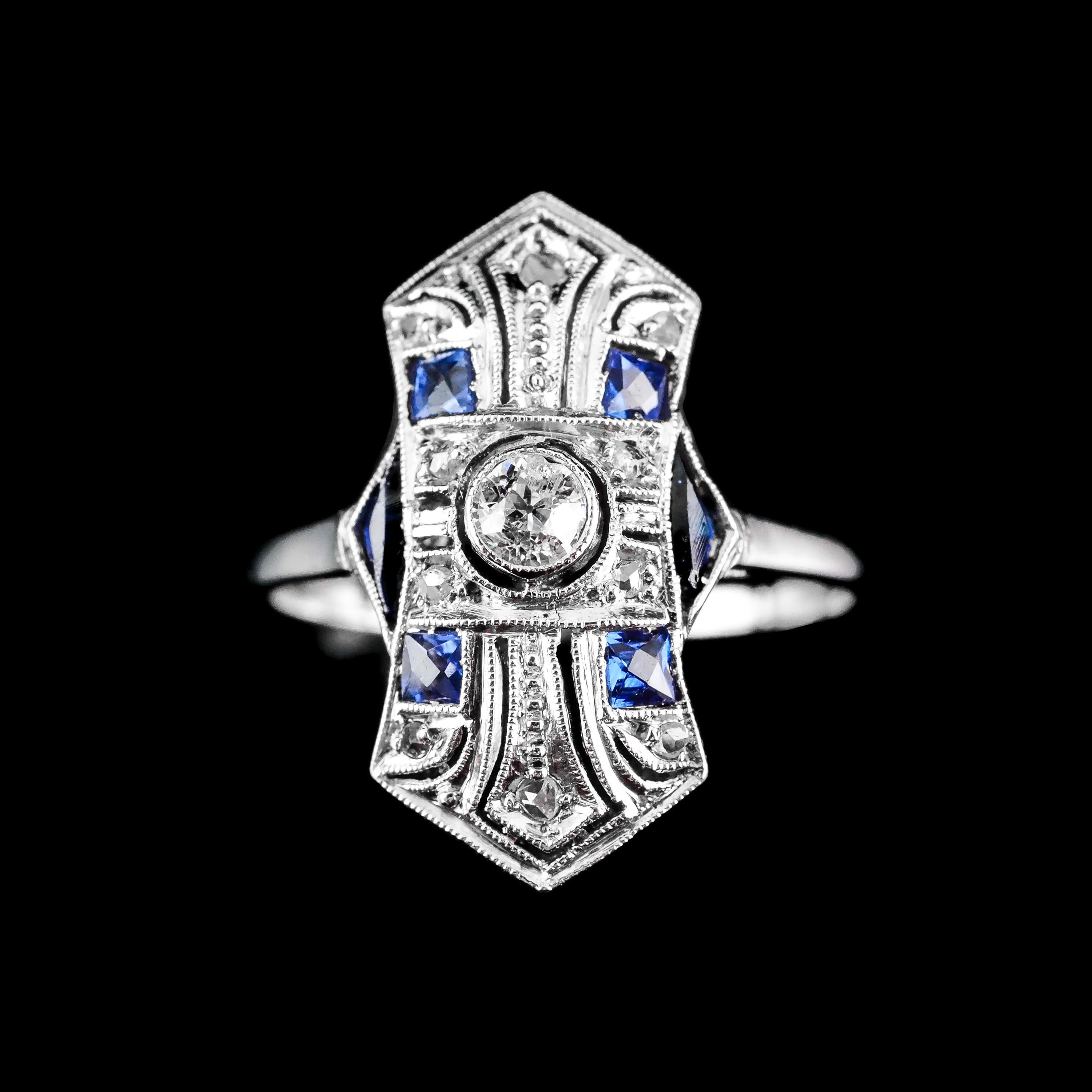 Antiker Art-Déco-Ring aus 18 Karat Weißgold mit Diamant und Saphir für Damen oder Herren