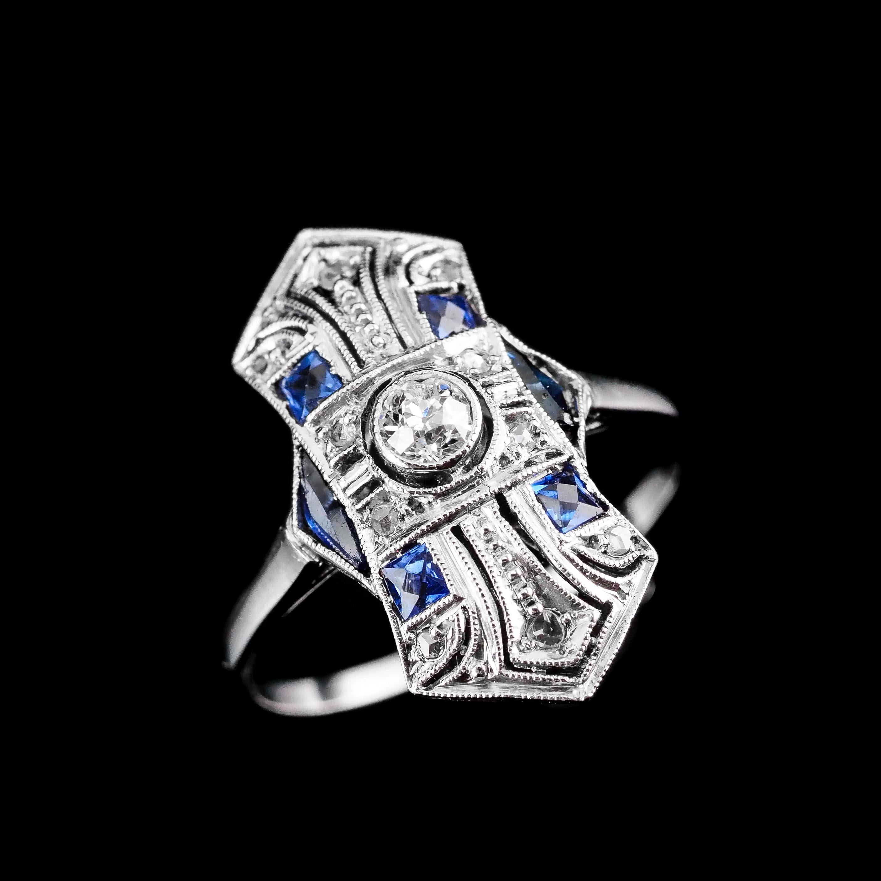 Antique Art Deco 18k White Gold Diamond & Sapphire Ring For Sale 2