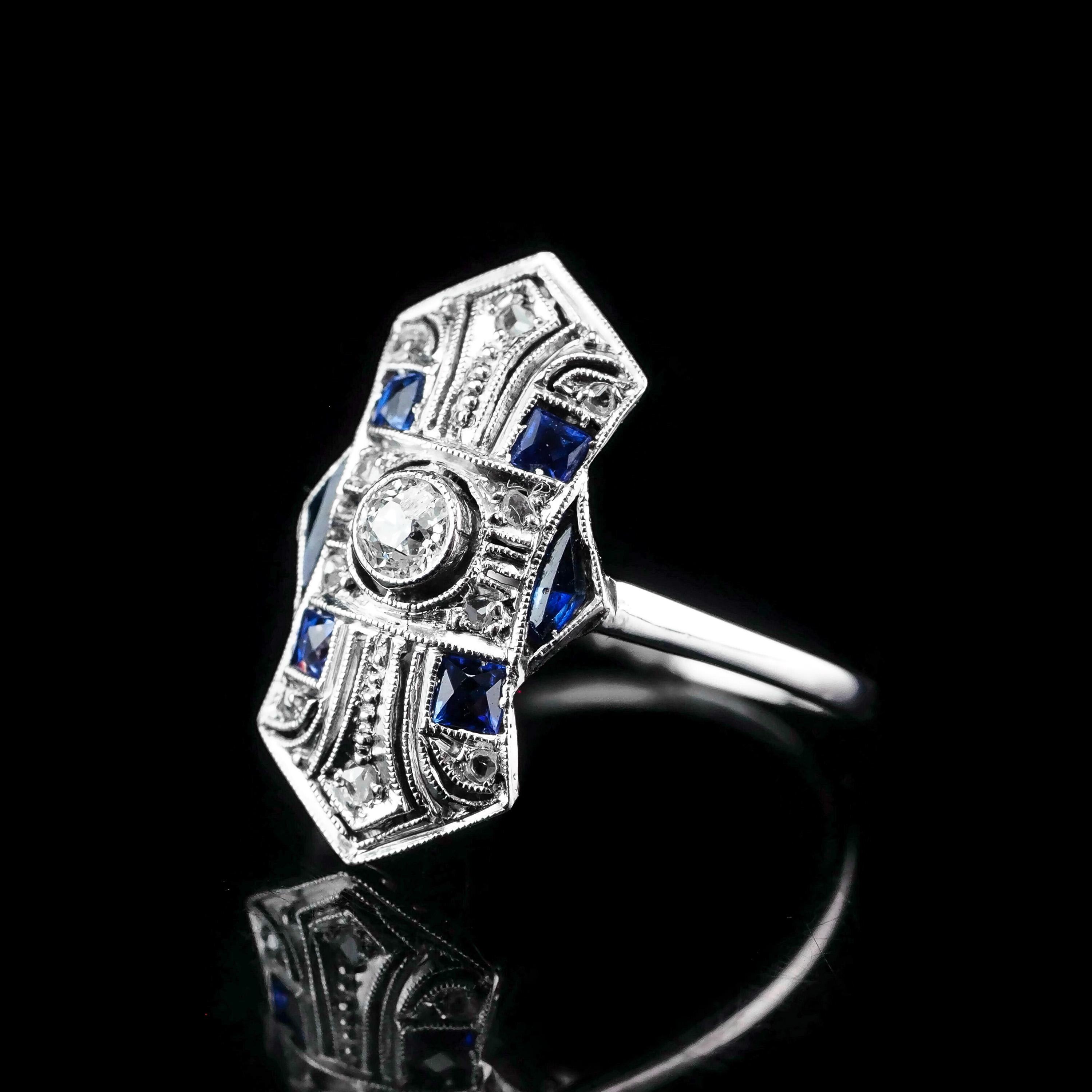 Antique Art Deco 18k White Gold Diamond & Sapphire Ring For Sale 4