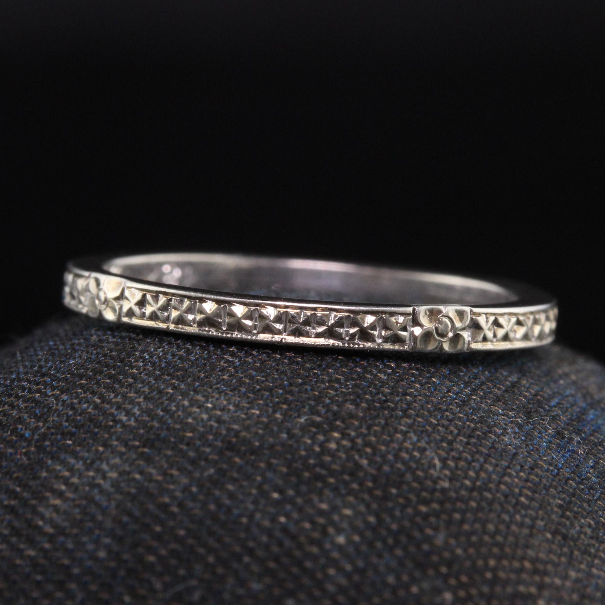 Beautiful Antique Art Deco 18K White Gold Engraved Wedding Band - Size 5 1/4. This pristine wedding band is engraved on both the top and inside of the band. The band is engraved 