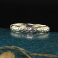 Antique Art Deco 18K White Gold Engraved Wedding Band - Size 6