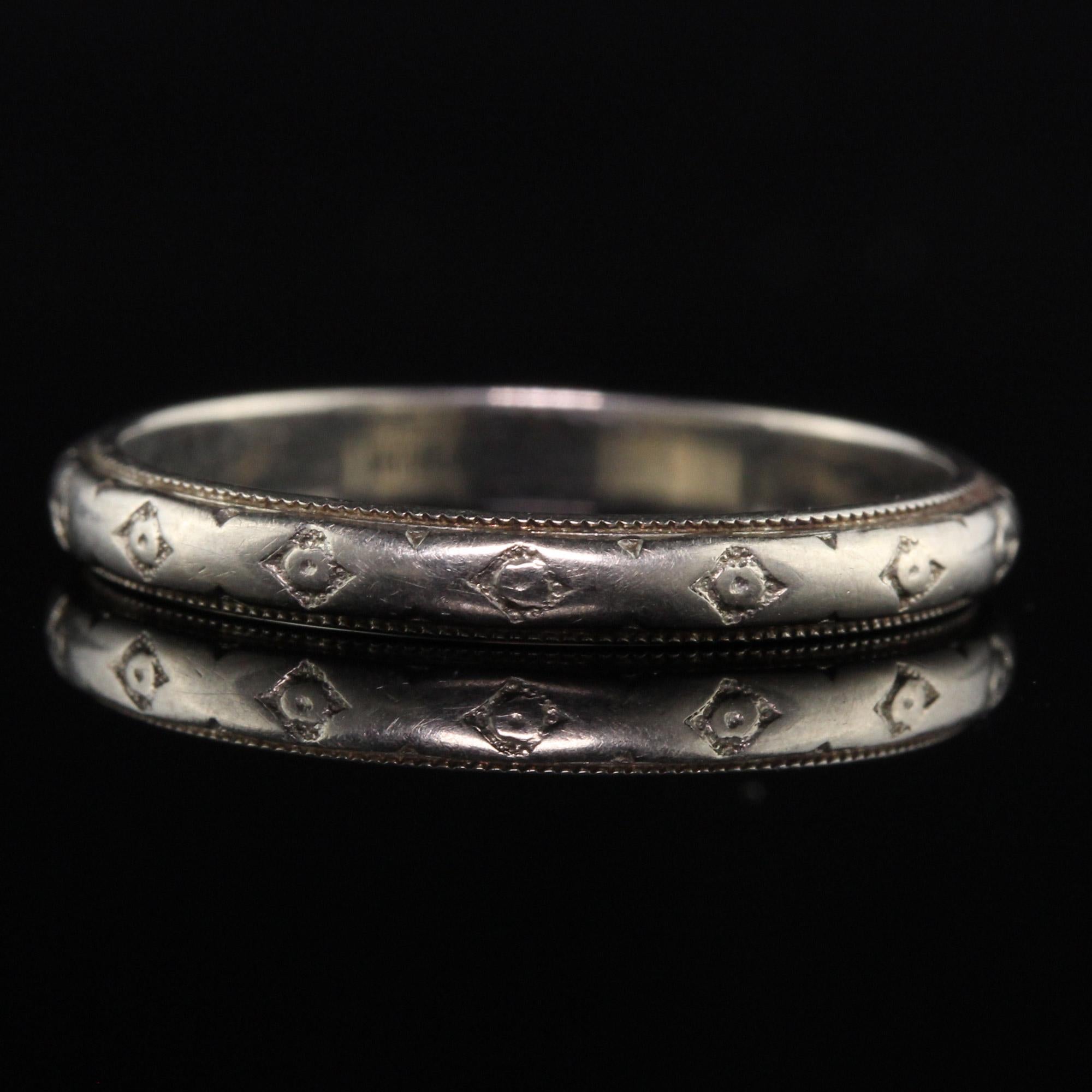 Women's Antique Art Deco 18K White Gold Engraved Wedding Band For Sale