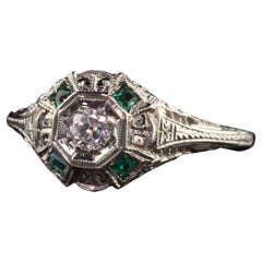 Antique Art Deco 18K White Gold Filigree Diamond Emerald Engagement Ring